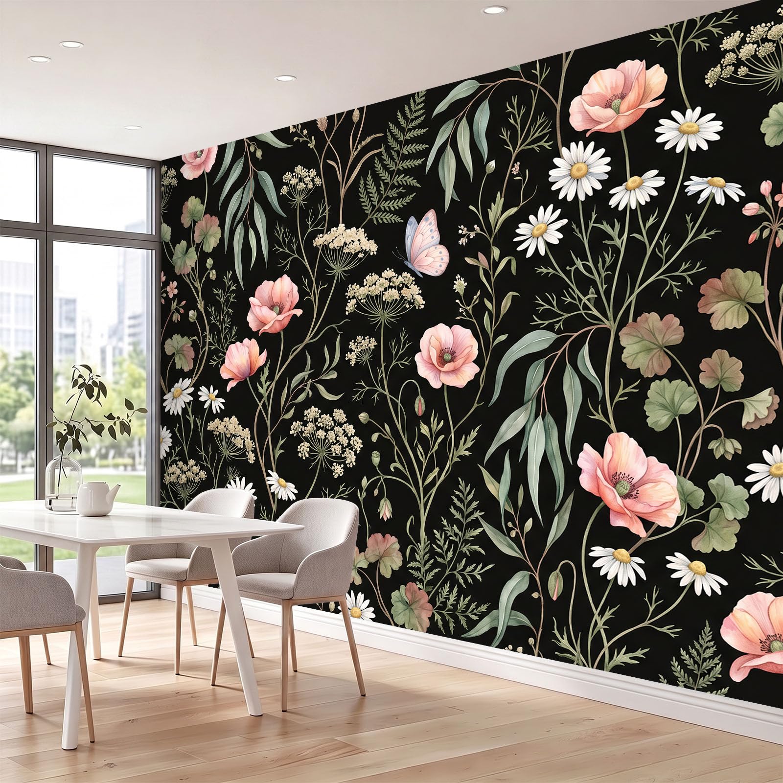 Natur LandhausWald Panorama Fototapete 200 x 140 cm, Mohnblumen Gänseblümchen Eukalyptusblätter Geranien Vlies Tapeten Wandtapete, Schwarz Wandbilder Tapete für Wohnzimmer Schlafzimmer Apartment Flur