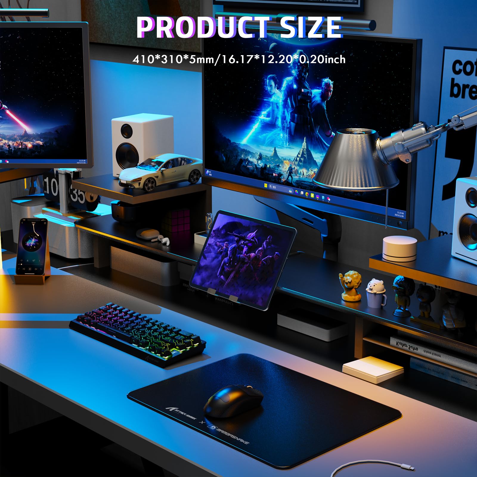 ATTACK SHARK CM05SE Glas-Gaming-Mauspad für FPS und Esports, Nano-geätzte gehärtete Glasoberfläche, ultraglatt, reibungsarmes hartes Mauspad, wasserdicht, großes Schreibtisch-Mauspad für PC-Setup
