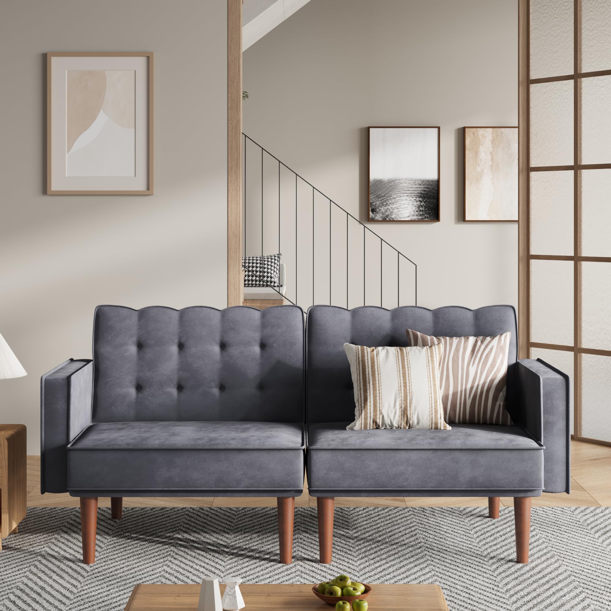Furnify 71" Velvet Futon Sofa Bed, Versatile Loveseat Couch, Sleeper Sofa with Adjustable Backrest, Mid Century Modern Futon Couch for Small Space, Living Room, Office & Apartment, Velvet Fabric Grey