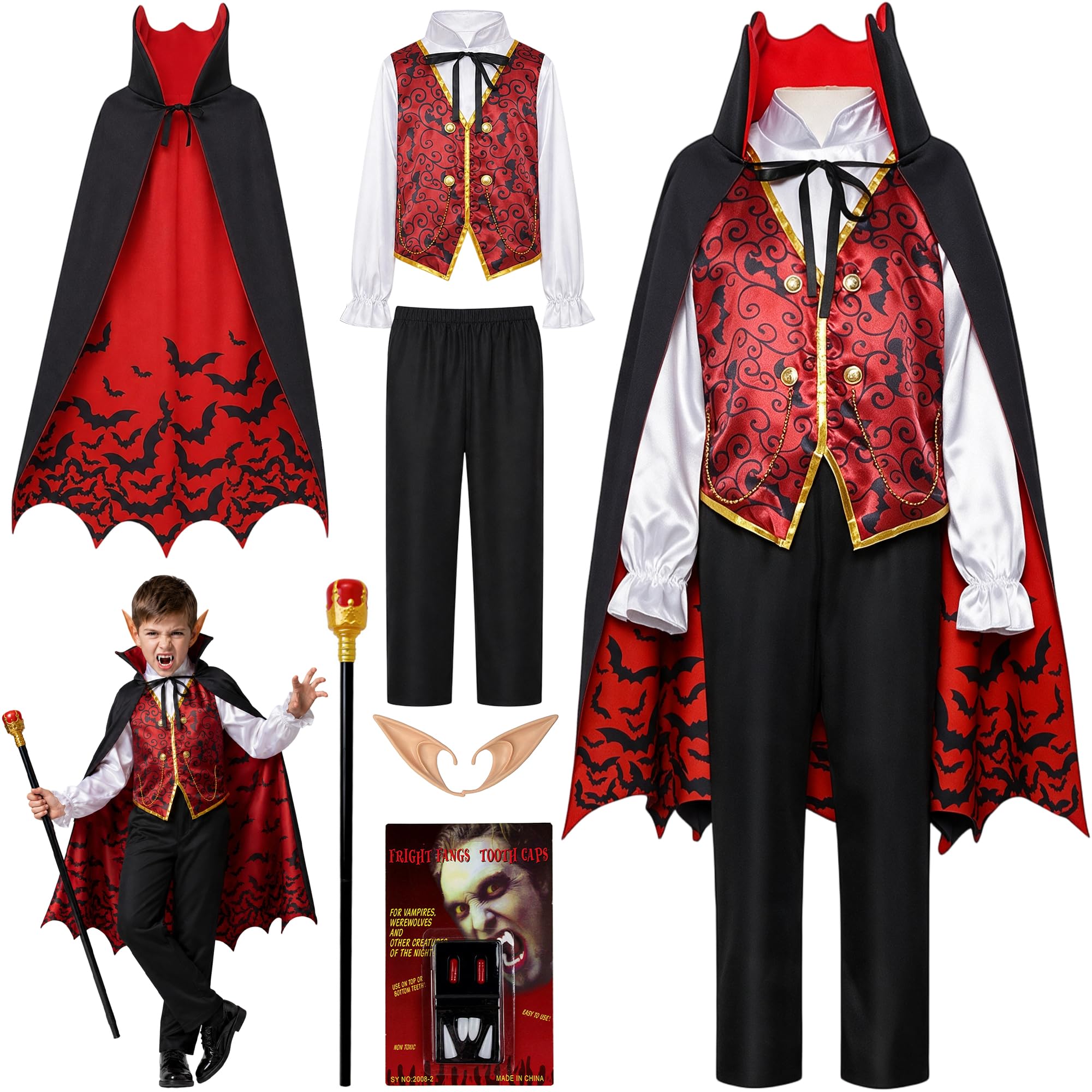 CozDazz Vampire Costume Kids Boys, Gothic Vampire Fancy Dress Set with Cape Top Trousers Scepter Ears and Fangs, Halloween Horror Cosplay Outfit