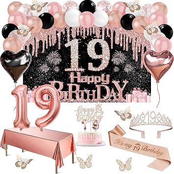 Amosking 19th Birthday Girl Decoration Rose Gold Black 49 Pieces