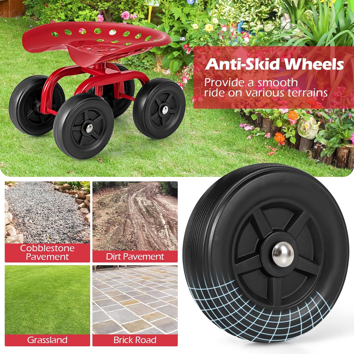Garden Cart with Seat, Heavy-Duty Rolling Outdoor Wagon Scooter w/Height Adjustable & 360° Swivel Seat, Gardening Work Seat Stool, Patio Scooter on Wheels for Lawn Yard Planting(Red)