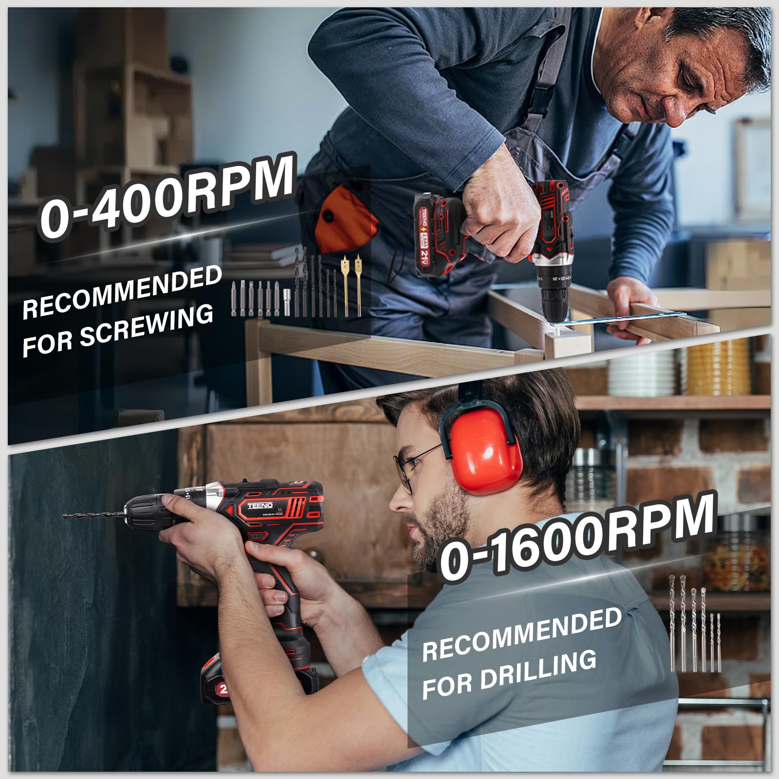 TEENO Trapano a Percussione a Batteria 21V, 45 Nm Avvitatore a batteria con spazzole,Compatibile con le Makita 2 batterie 2,0 Ah, 25+3 Impostazioni di Coppia,3 spazzole per la pulizia,2 Velocità, LED