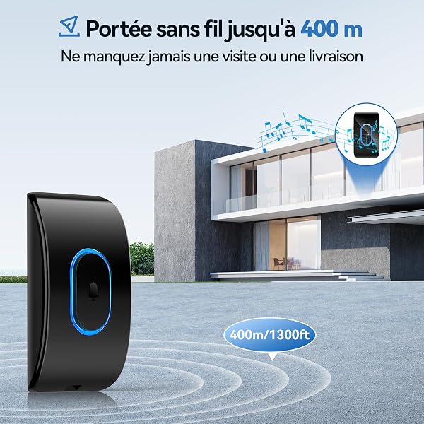 TECKNET Sonnette sans fil exterieur etanche, IP65 Etanche Carillon 400 Mètres, 60 Mélodies et 5 Niveaux Volume, Kit d'un Récepteur et d'un Emetteur, Voyant LED pour Maison, au Salon, au Bureau- Noir - 2