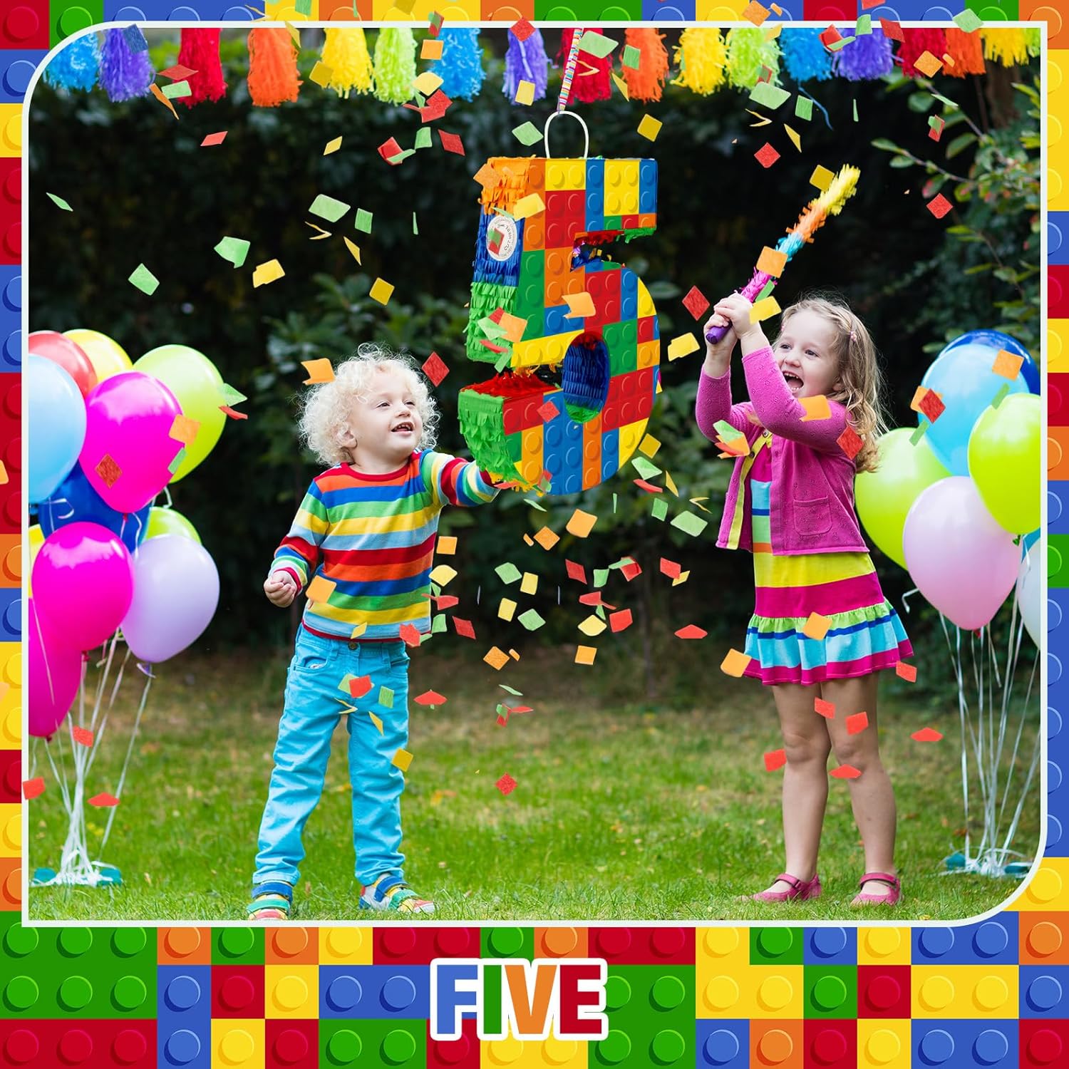 RoundFunny Number 5 Building Blocks Piñata 16.5 Inch Party Supplies 5th Birthday Party Decorations Piñata with Confetti Blocks Theme Fiesta Anniversary Celebration