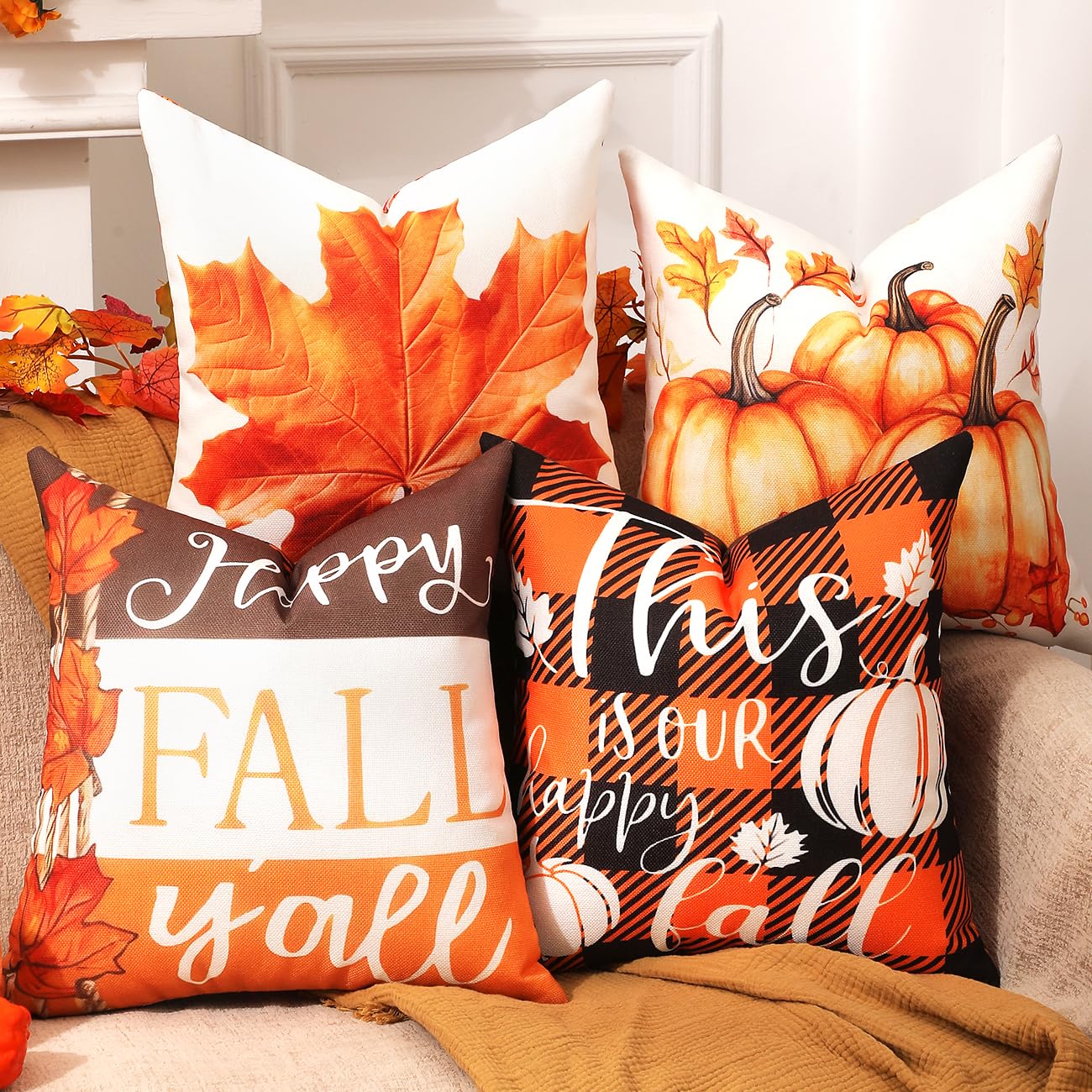 TOYPOPOR Fall Decorations for Home, Double Sided Throw Pillow Covers 18x18 Set of 4 Outdoor Indoor Fall Decor Pumpkin Fallen Leaves Autumn