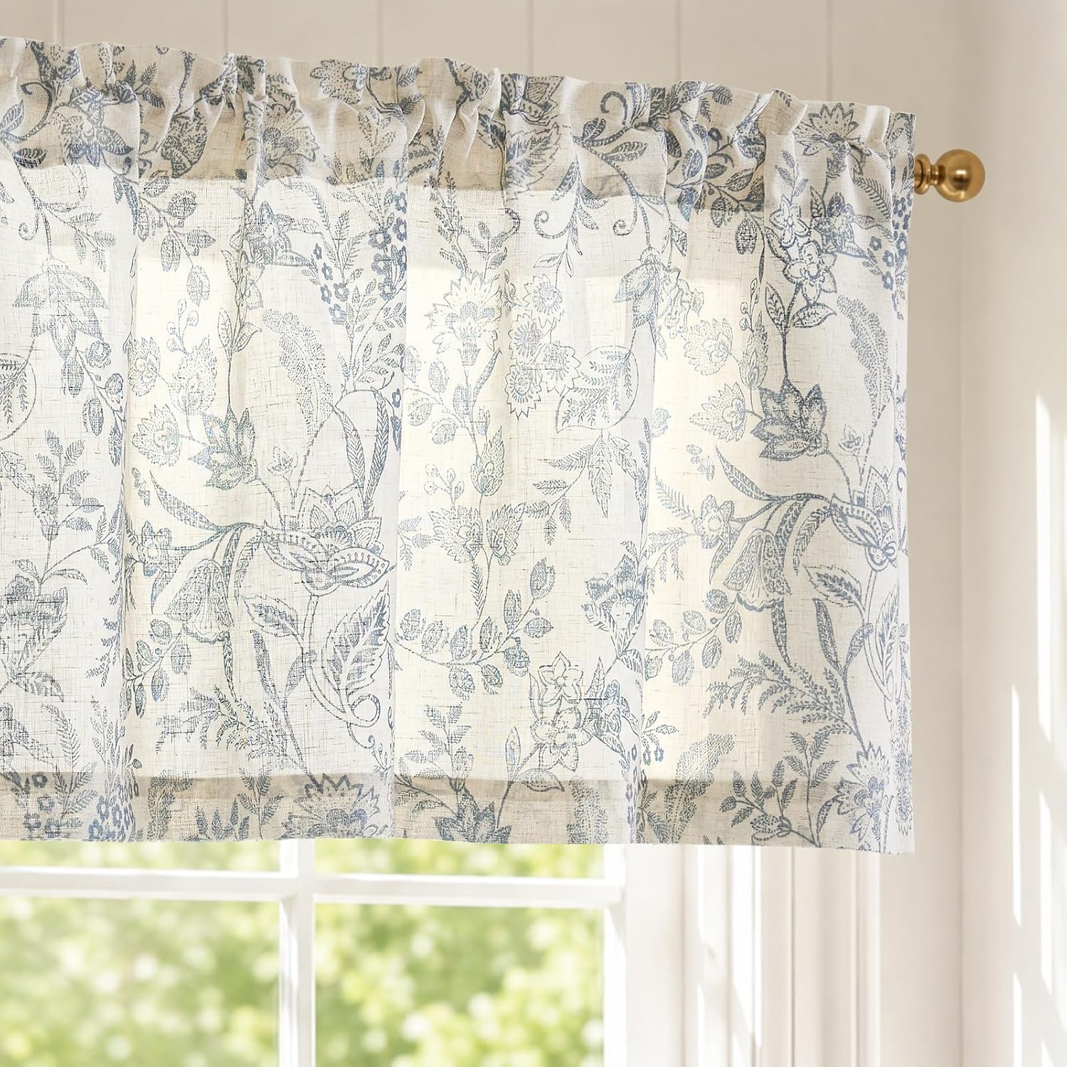 Lazzzy Blue Floral Linen Valance Curtain 18 Inch Rod Pocket 1 Panel
