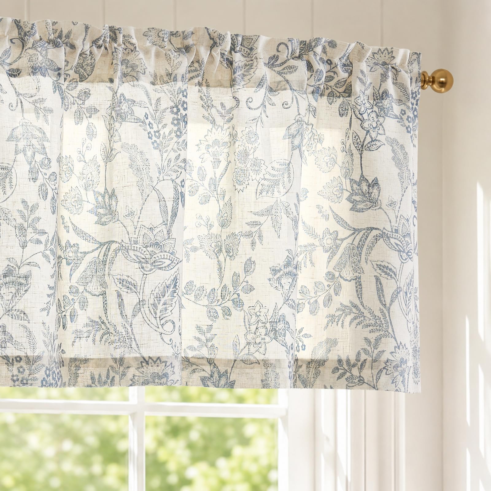 Lazzzy Linen Floral Farmhouse Kitchen Valance 16" Rod Pocket 1 Panel Blue on Beige
