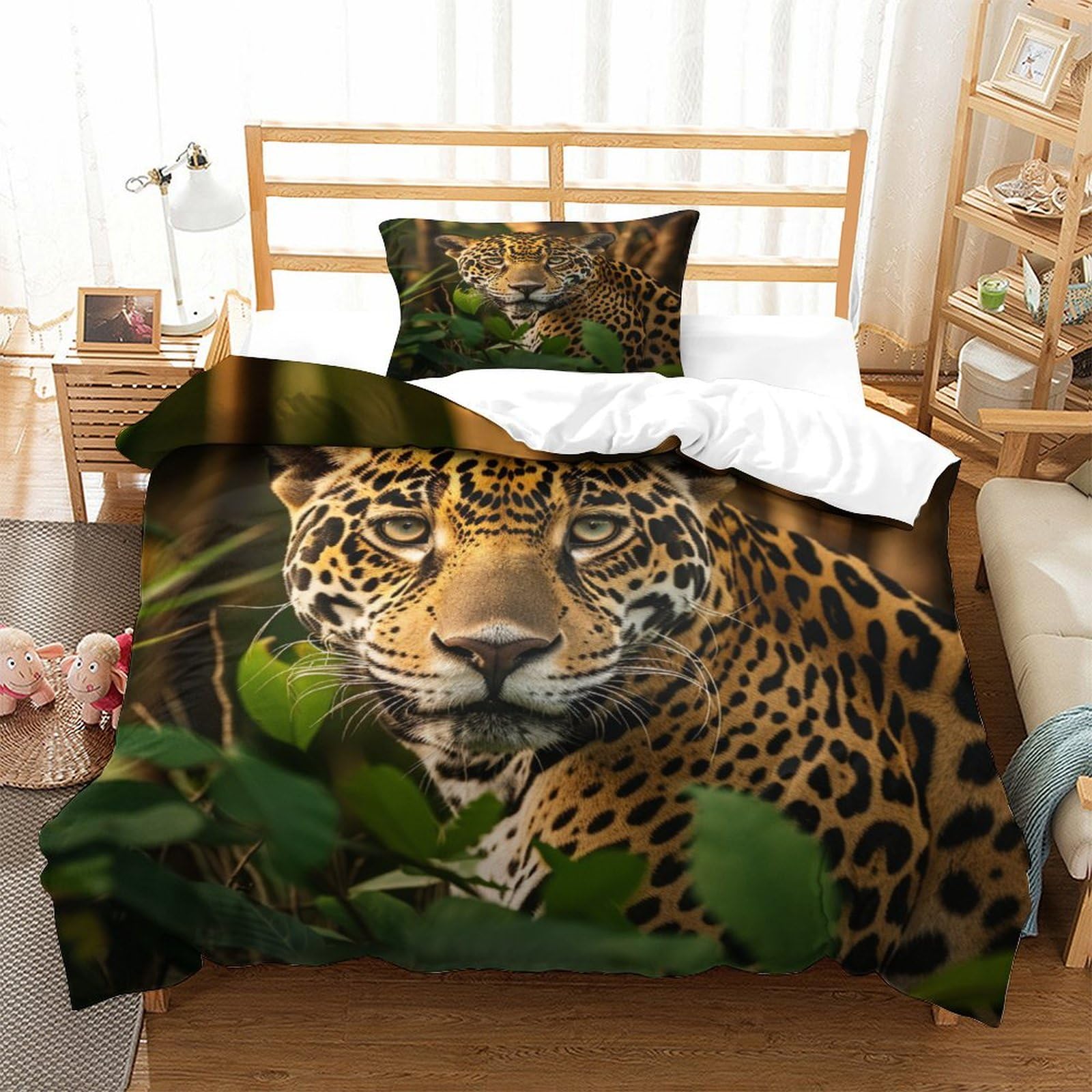 P1s9u7w5y Jaguar-4 Wild Jungle 3D Printed Leopard Duvet Cover Set 3Pcs Microfiber Animal Bedding Set Single（135X200cm）