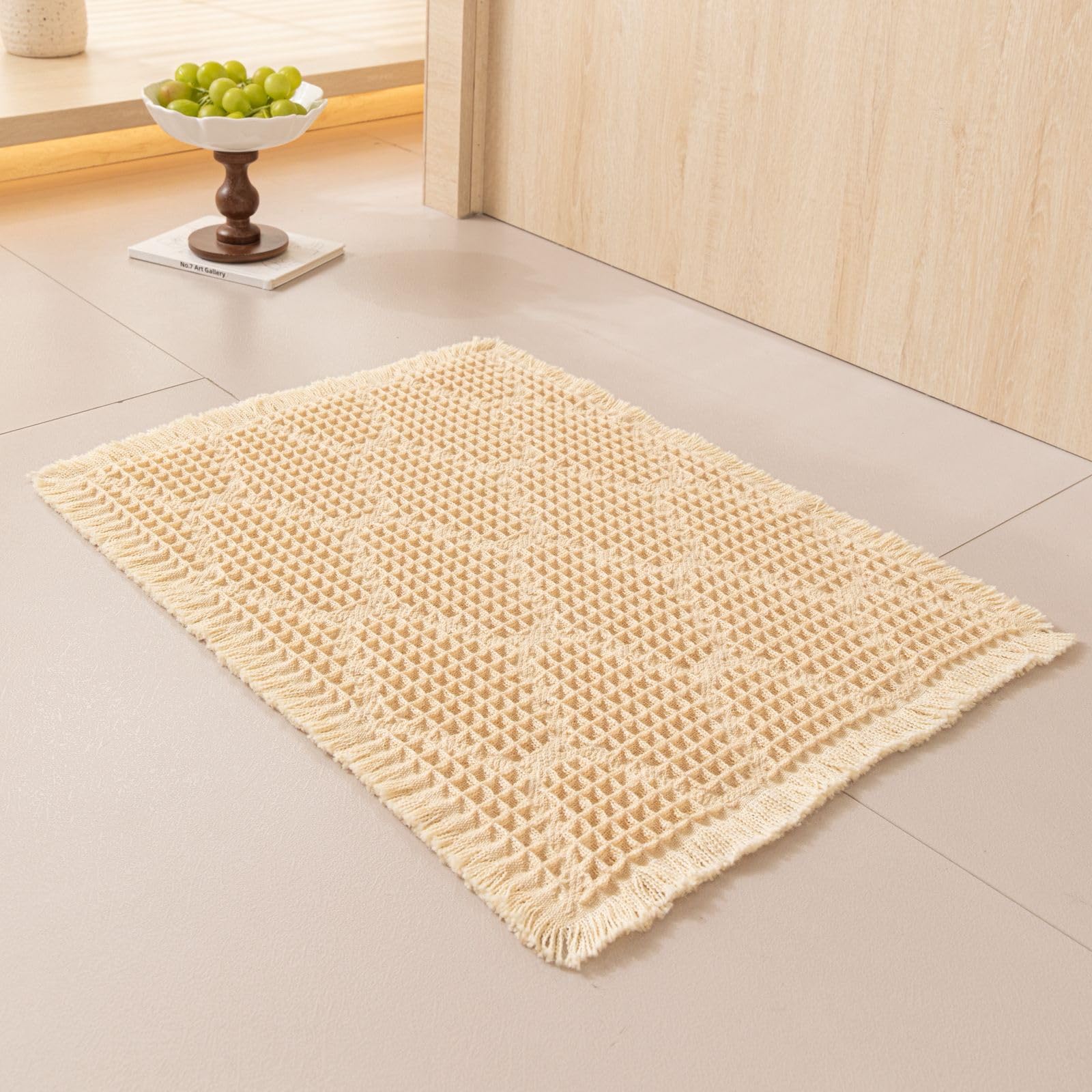 HomeCloud Waffle Bath Mat, Super Absorbent Non Slip Mats for Bathroom Floor, Machine Washable Bathroom Rugs with Tassels,Ultra Soft (T.Cream)-image-20