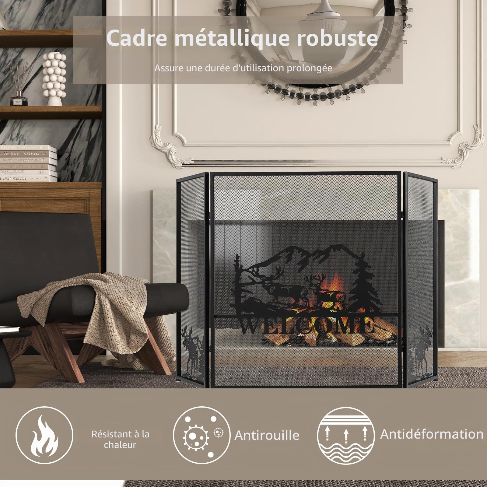 LIFEZEAL Grille de Protection Anti-feu Pliable en Métal 132 x 79 cm, Protection Contre Les Étincelles pour Feu Ouvert, Noir