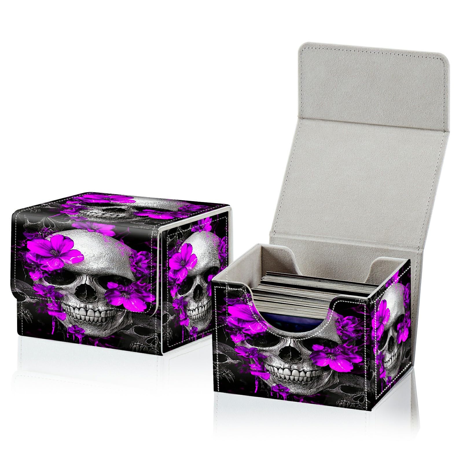 RWUTYTIUL Card Deck Box for MTG, Cards Storage Box Fits 120+ Sleeved, Leather Small Size Strong Magnetic Closing Card Case for Board Games Magic TCG CCG Baseball Collection, Skull Purple Flower