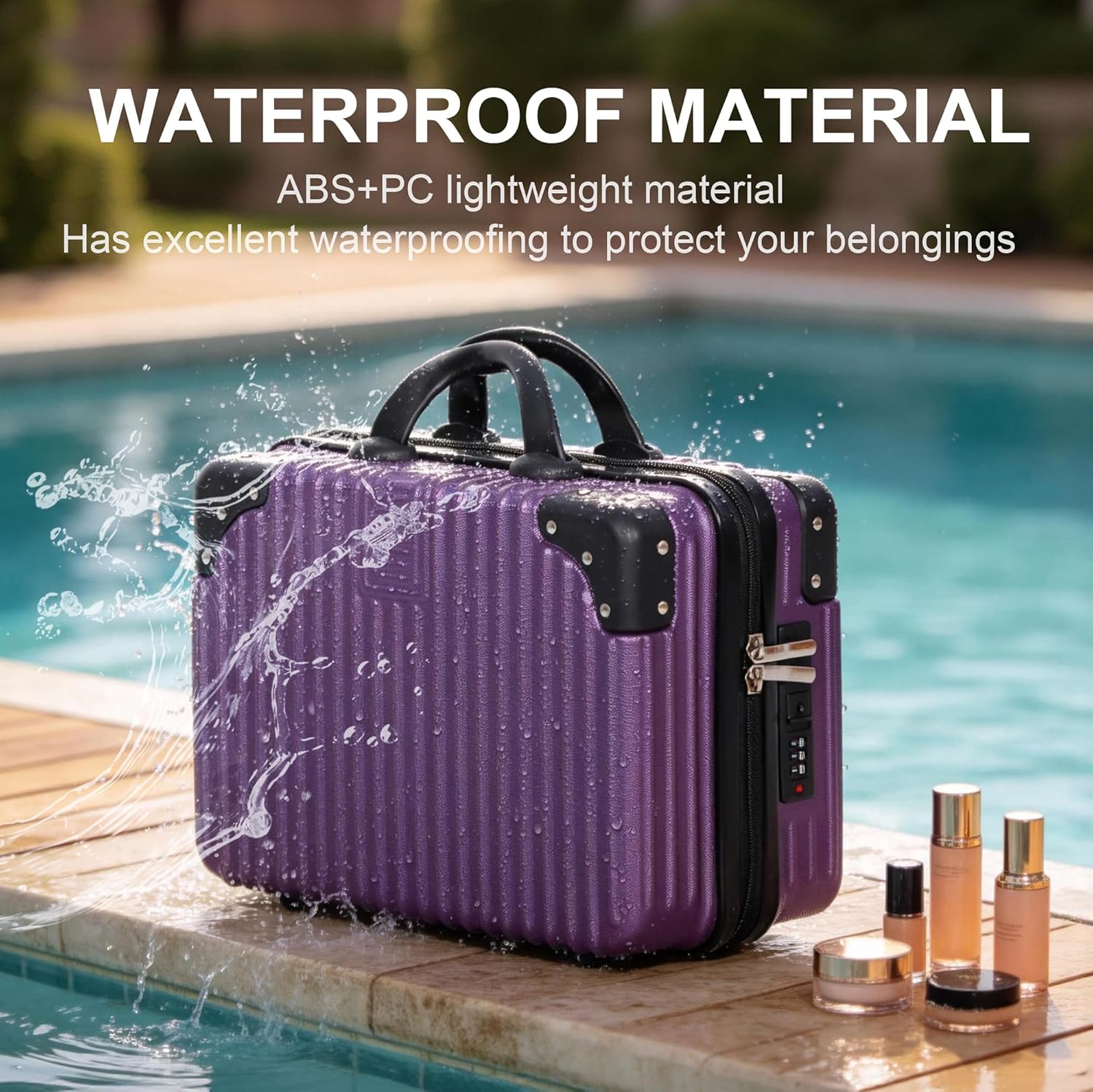 14 Inch Portable Makeup Travel Case Hand Luggage, Pressure-proof Carrying Makeup Case Suitcase with Elastic Band, Small Hard Case Toiletry Bag for Travel Camping Women Girl-Purple