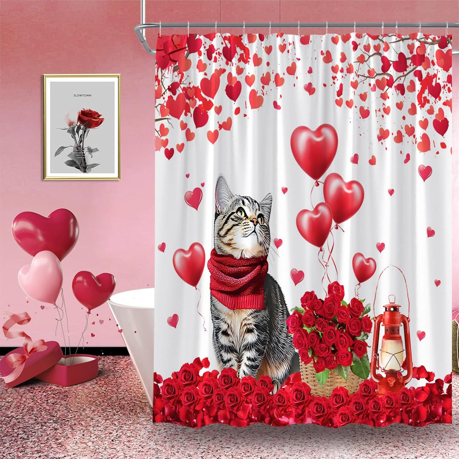 Valentine's Day Cat Extra Long Shower Curtain,Red Heart Cute Kittern Floral Rose Animal Sweet Bathroom Home Curtain Decor with Hooks,70x78 Inch