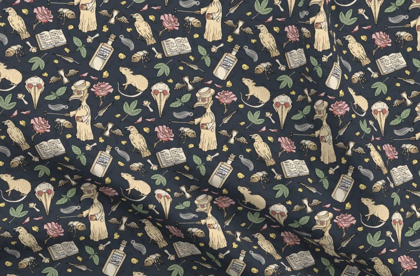 Spoonflower Fabric - Illustration Plague Doctor Rat Medieval Black Beige Death Printed on Upholstery Velvet Fabric Fat Quarter - Upholstery Home Decor Bottomweight Apparel