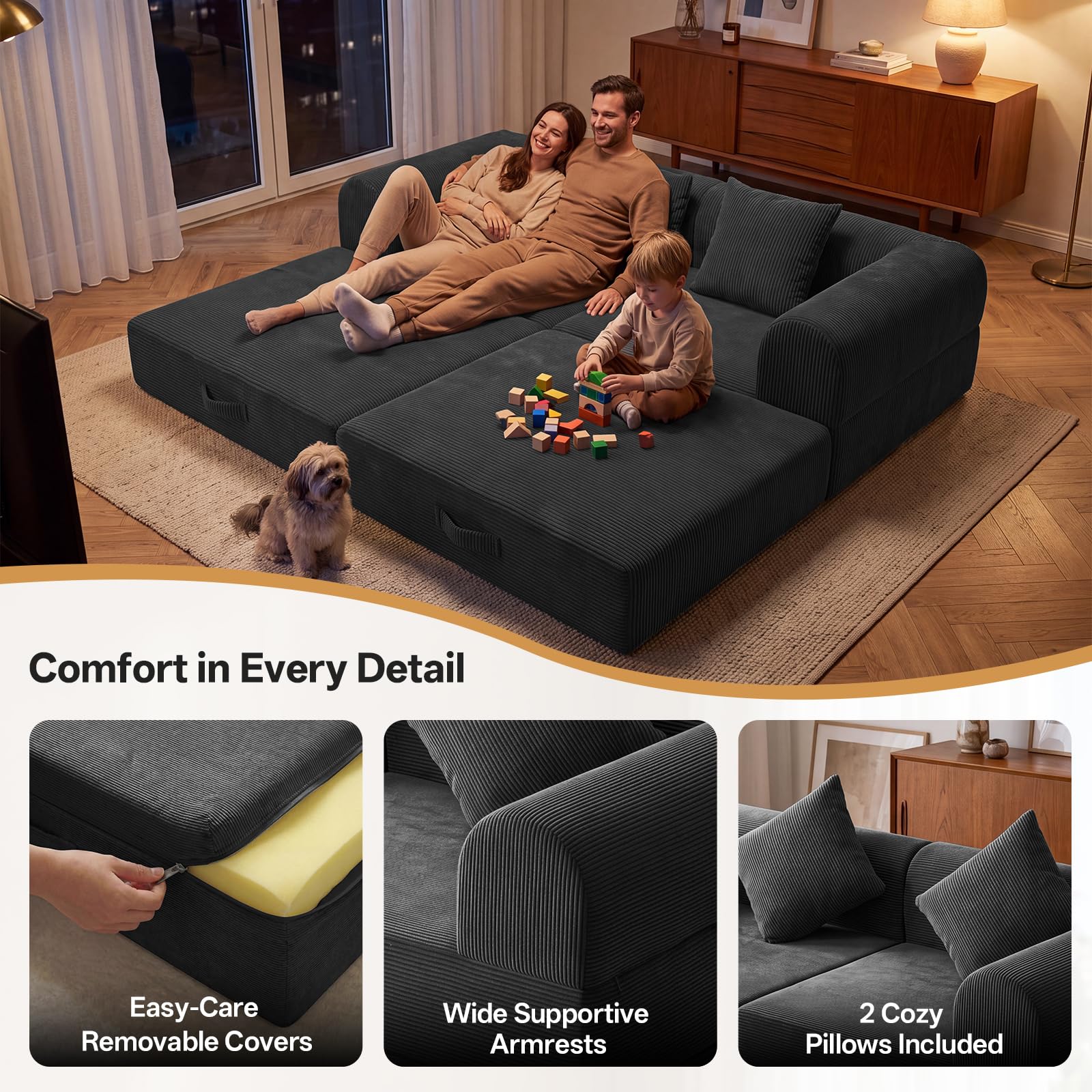 74.8’’Convertible Futon Sofa Bed, Boneless Couch for Living Room | Corduroy Boneless Loveseat Sleeper Sofa, Modular Futon Couch with 2 pillow, Pull Out Couch No Assembly | Black