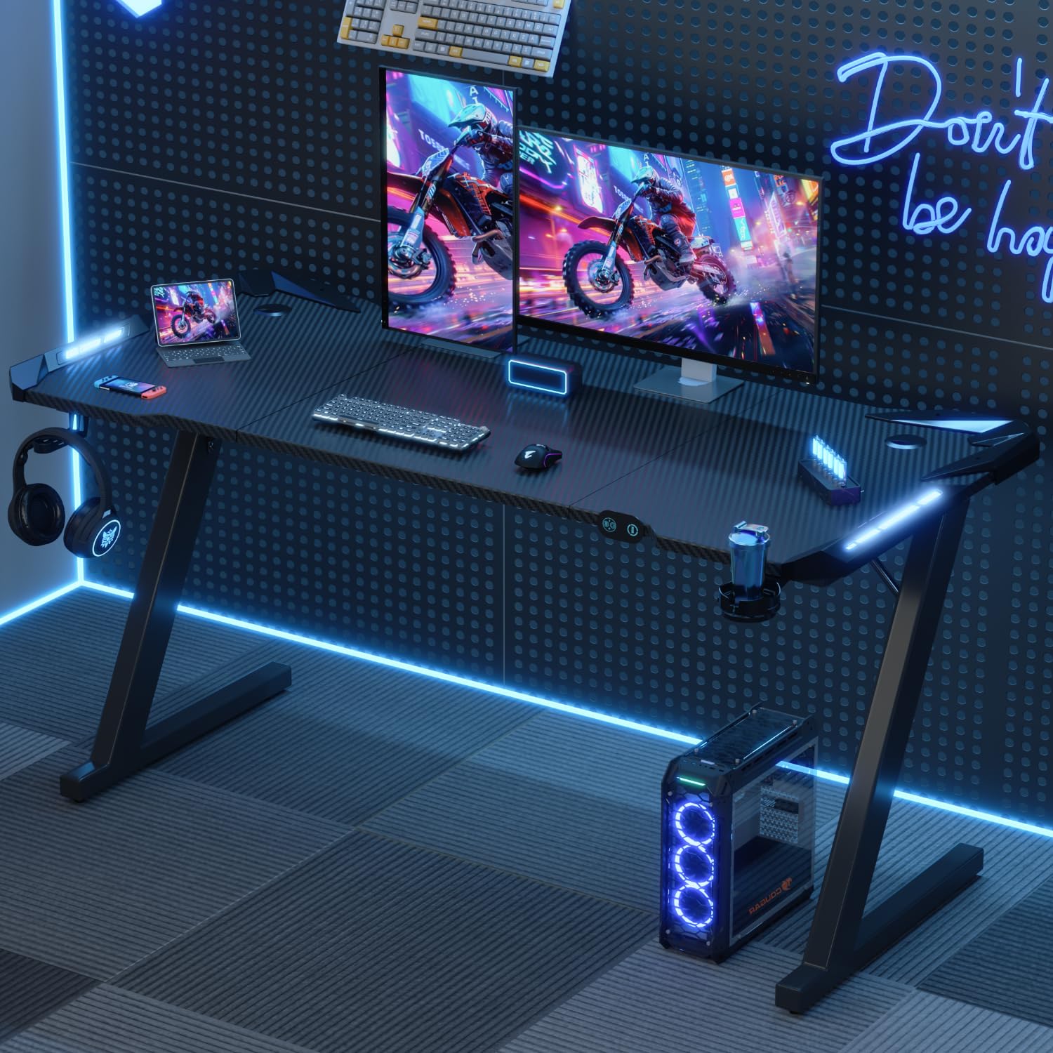 Devoko Escritorio Gaming con Luces LED, 140 x 60cm RGB Mesa Gaming Forma Z, Escritorio de Ordenador Grande con Gancho para Auriculares y Portavasos, Mesa Gamer para Oficina en Casa, Negro
