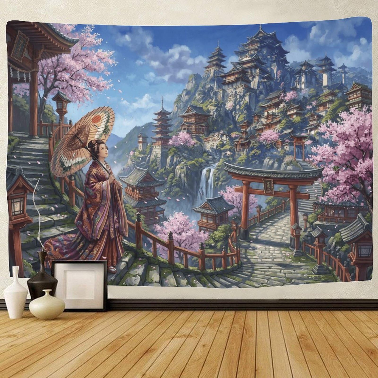 GPMNBCXZK Japanese Geisha Tapestry for Bedroom Living Room Wall Hanging 3D Printed Cherry Blossom Dorm Room Decor 180cmx230cm