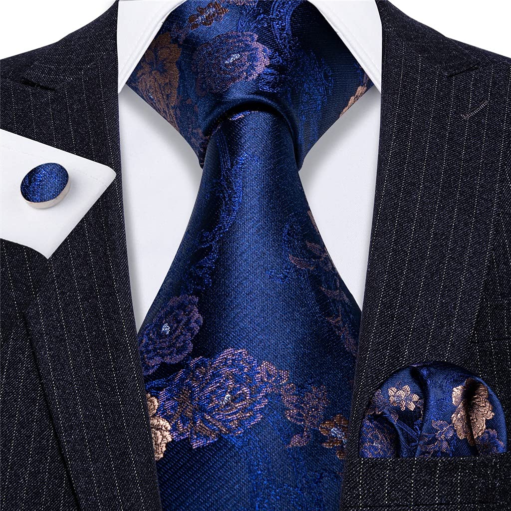 Corbata de Boda para Hombre, Conjunto de Broche Dorado, Corbata de Seda Floral Azul para Hombre, Corbata, pañuelo, Gemelos