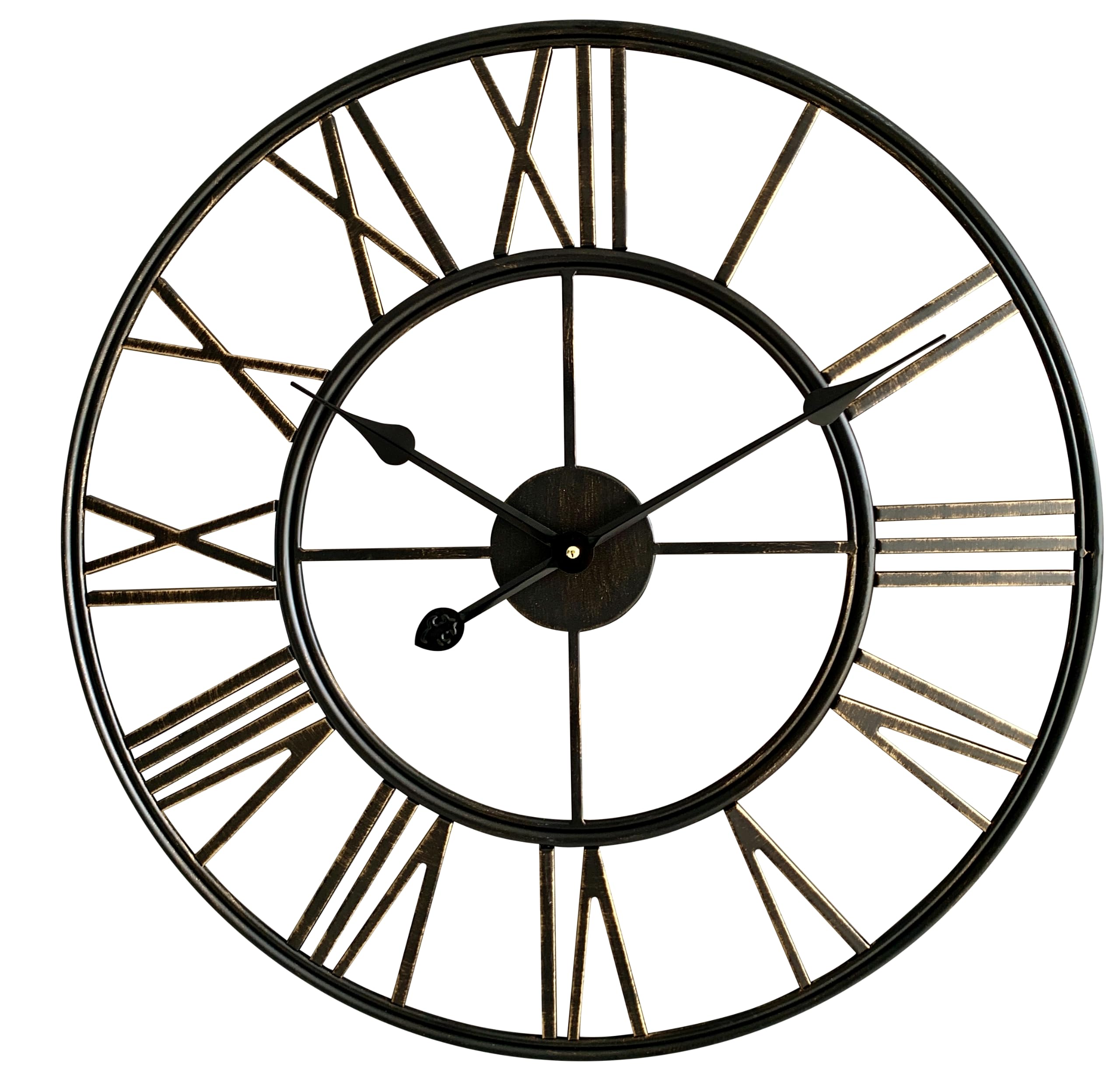 24” Clock, Brush Bronze Metal Indoor and Outdoor Decorative Clock. Large Roman Number Round Clock. Battery Operated. Decorative Clock for Garden/Home