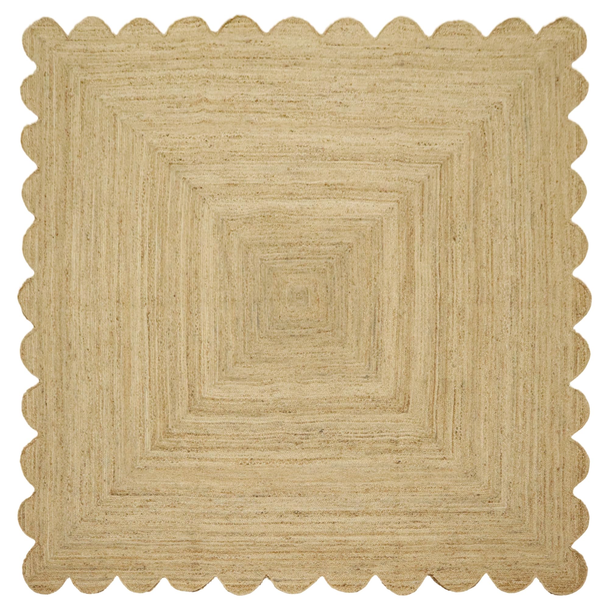 Scalloped Hand Braided Jute 8x8 Scallop Edge Solid Beige Pattern Natural Jute 0.27" Thick Handwoven Flatweave Carpet for Indoor Outdoor Use – Ideal