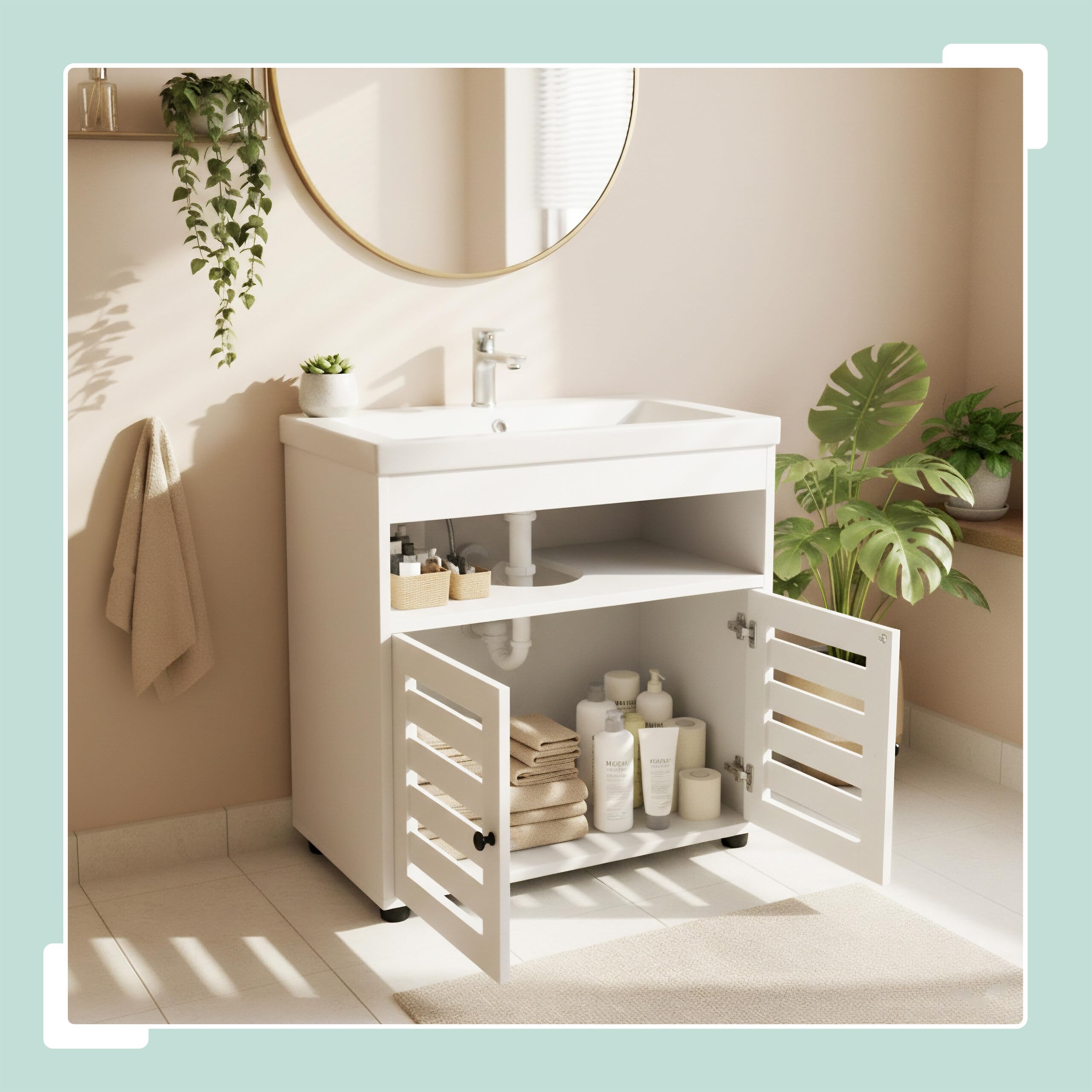 Relaxdays Szafka pod umywalkę, wys. x szer. x gł.: 63 x 60 x 30 cm, 3 półki, MDF, szafka łazienkowa pod umywalkę, biała