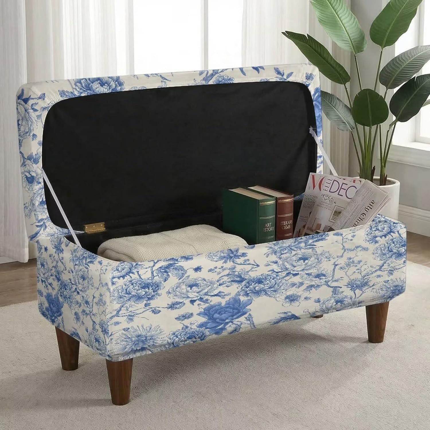 Blue Peony Flower Print Rectangle Ottoman Stool Cover Stretch Folding Storage Footstool Bench Slipcovers Foot Chest Chair Covers Washable Furniture Protector with Elastic Bands, Large