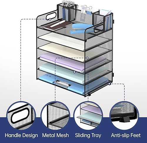 Miniatura 3 de SUPEASY Organizador de escritorio de 6 niveles con asa y 3 soportes para bolígrafos, organizador de papel de mallaarchivos para escritorio,
