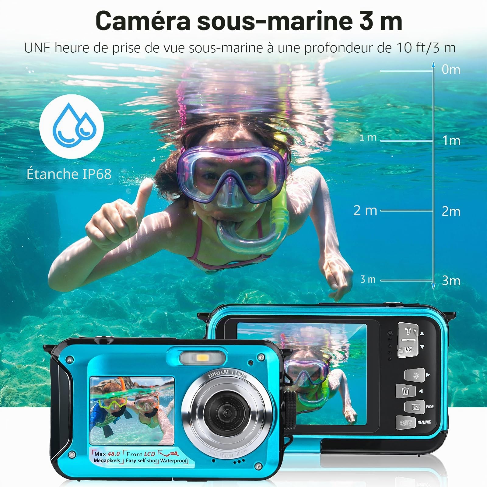 Appareil Photo Etanche, Comius Sharp Caméra Étanche 10FT 30MP Photo FHD Vidéo 16X Digital Zoom avec Carte Mémoire 32G et Selfie Double Écrans pour Selfies Sous l'eau, Natation, Surf, Plongée