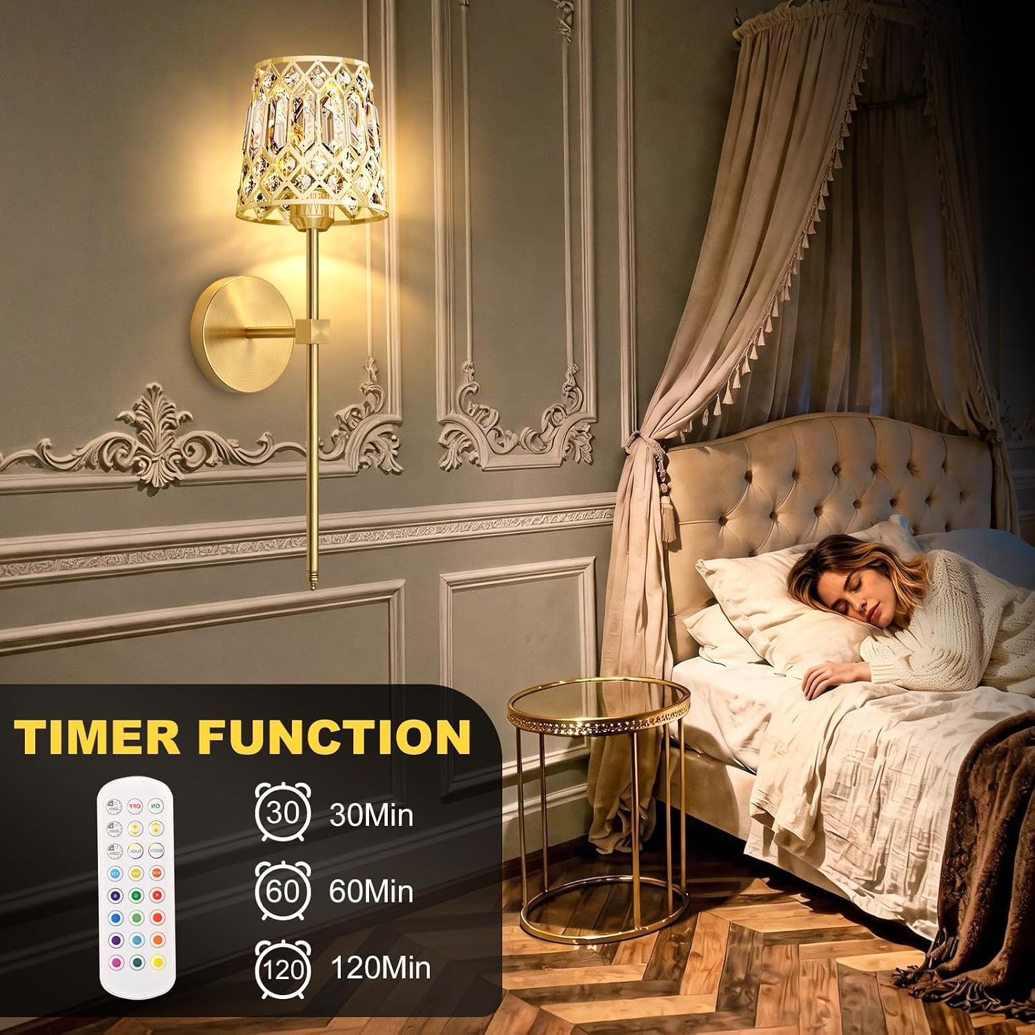 2 Stück Gold Kristall Wandleuchte Akku Vintage Wandlampe Ohne Stromanschluss mit Fernbedienung Dimmbar Nachttischlampe USB Aufladung Schlafzimmerlampe Deko Batteriebetrieben für Wohnzimmer Flur