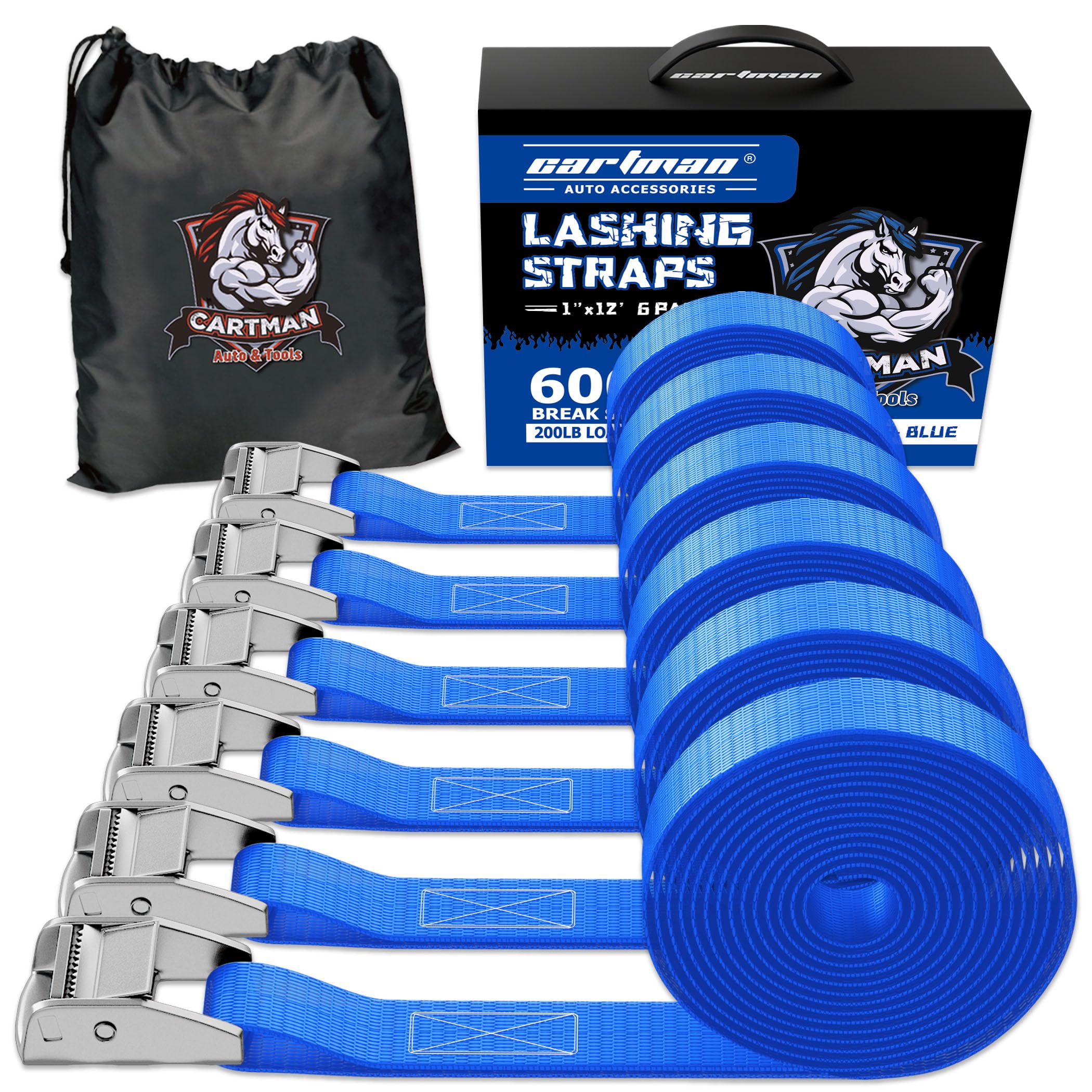 CARTMAN Zurrgurte – 6x 2,5 Cm X 3,6 M, Zugkraft 90 Kg, Bruchlast 272 Kg, Aus PE, Mit Tragetasche, Blau