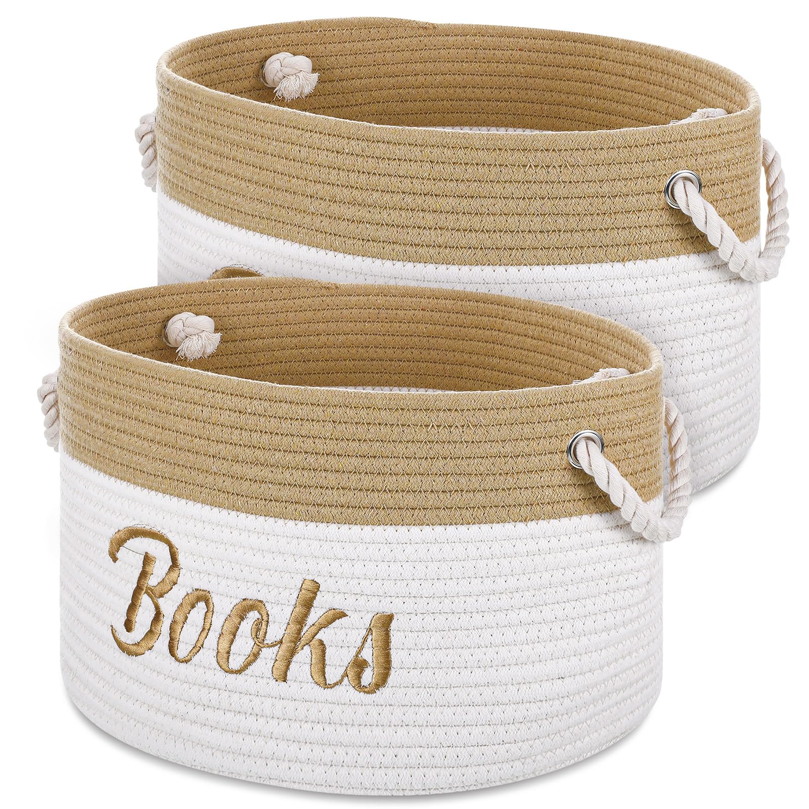 Blushtier 2 Pack Baby Book Baskets for Nursery Embroidered Book Storage Bins 15 x 11 x 9 Inches Woven Cotton Rope Baskets for Book Toy Organizer