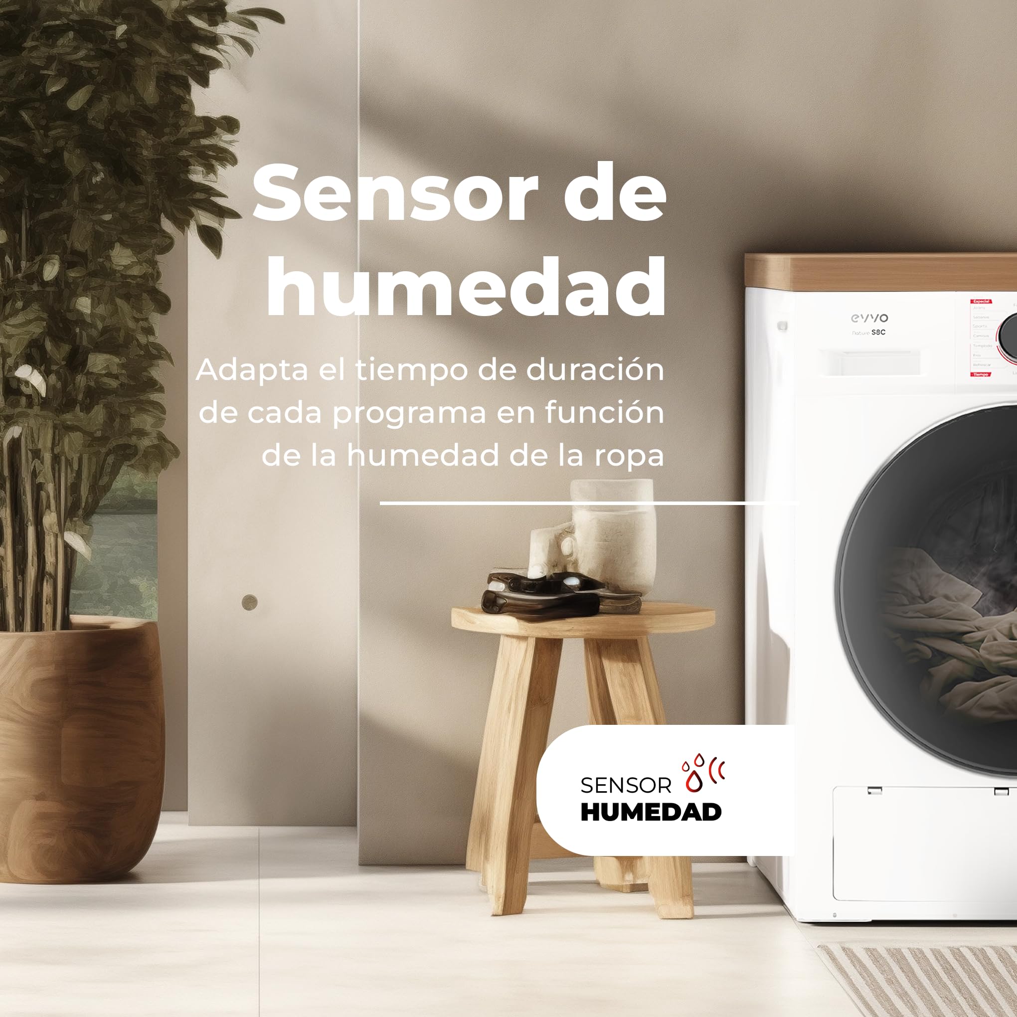 EVVO Secadora condensación 8 kg, Selector de Tiempo, Clase Energética B, Aire Frío para Prendas Delicadas, Airfresh, Sensor de Humedad, Antiarrugas, Inicio Diferido (Modelo Nature S8CX Inox)