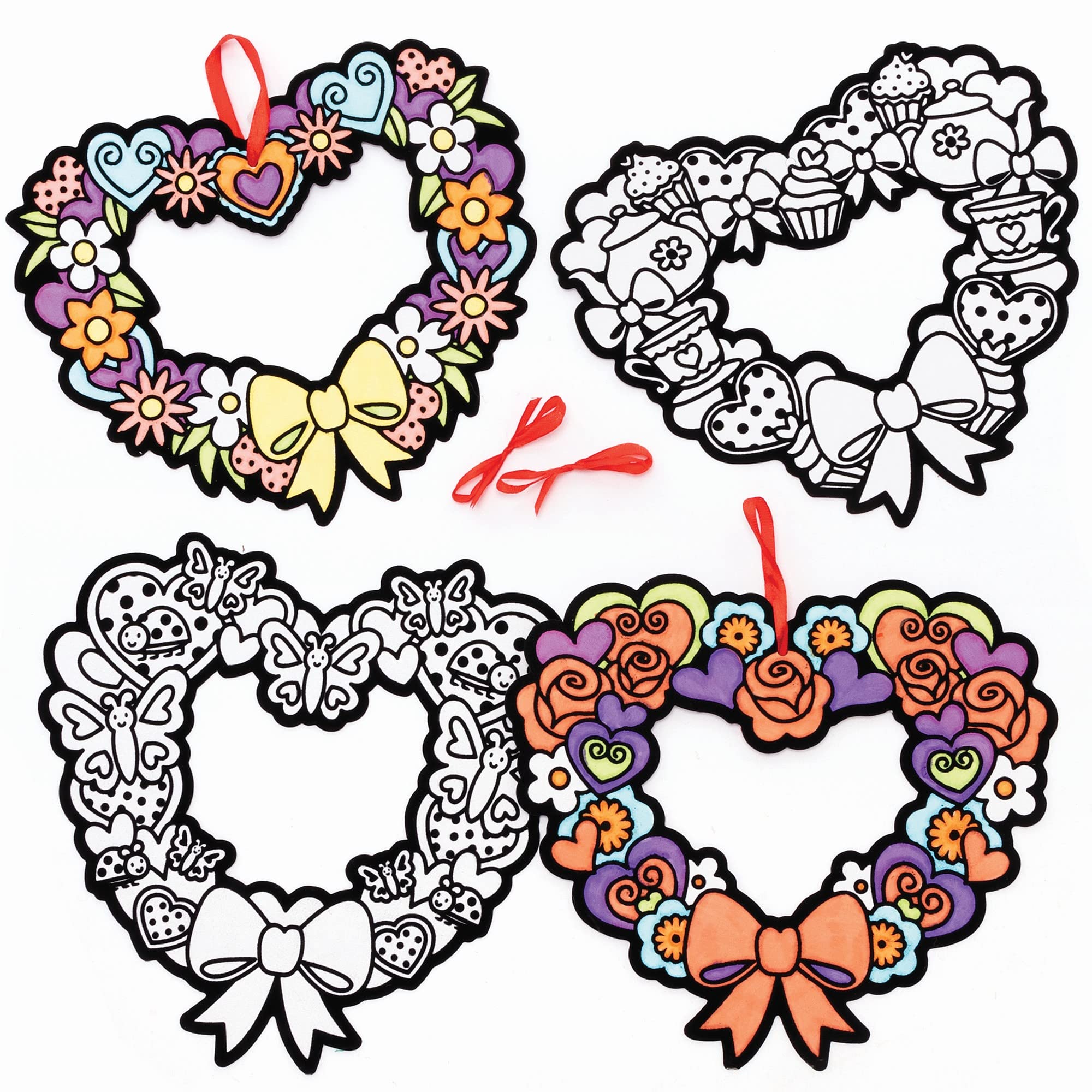 Baker Ross Heart Fuzzy Art Wreaths - Pack of 10, Valentine's Wreath Colouring Activities (FC465), red, pink