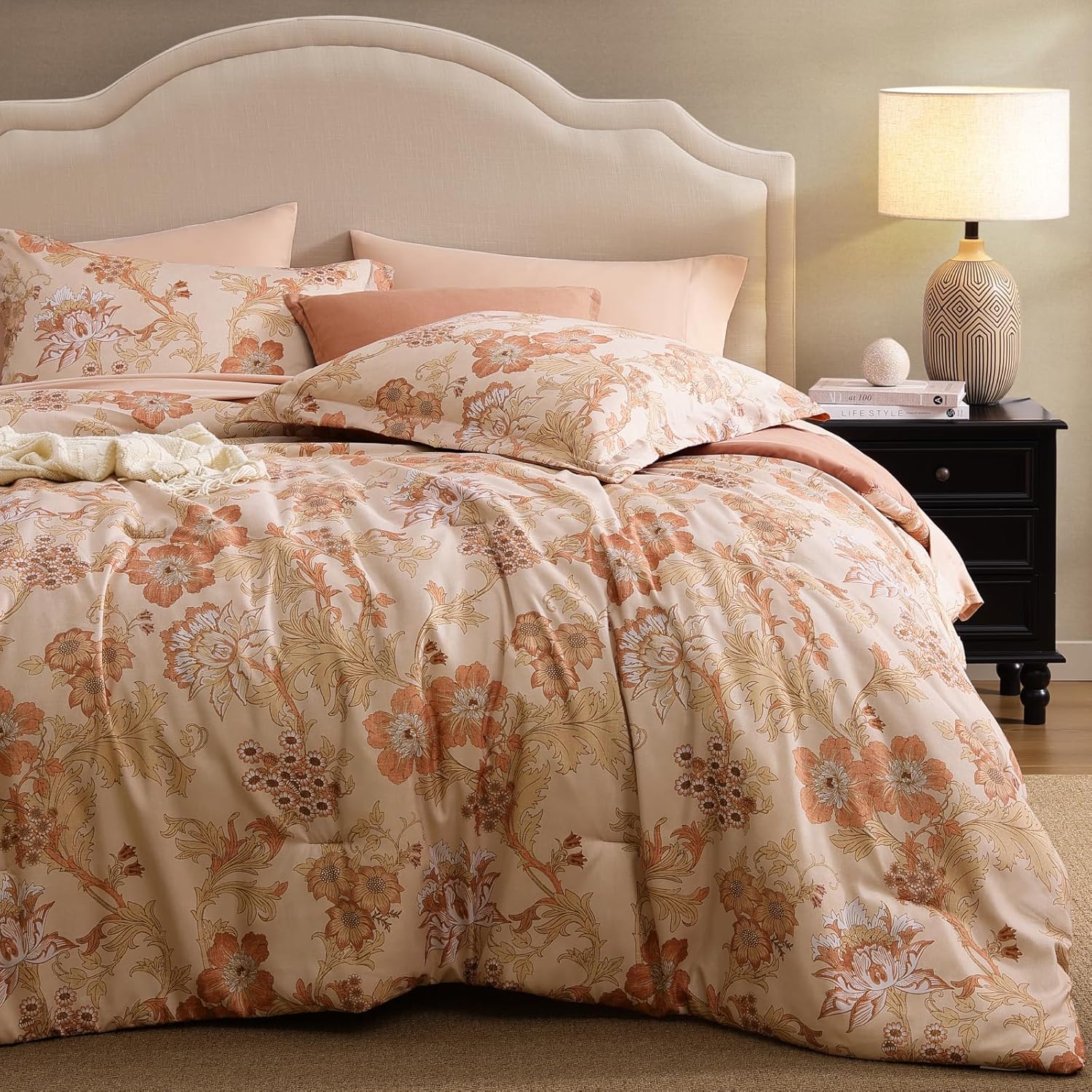 Queen Comforter Set -7 Pieces Terrecotta Floral Comforter Set for All Seasons, Bed in a Bag Queen with Botanical Flowers Comforter, Sheets, Pillowcases & Shams - Image 2
