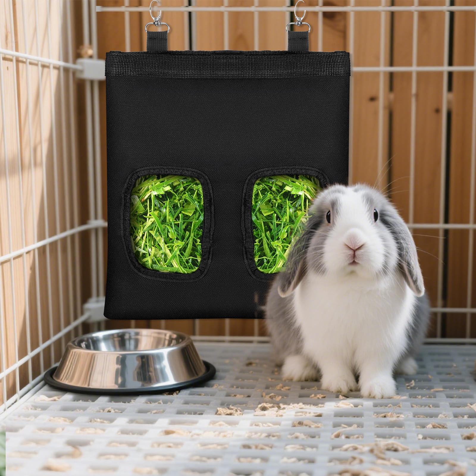 Rabbit Hay Feeder Bag, Guinea Pigs Hanging Hay Rack Manger Holder Dispenser Small Animal Feeder Storage Pouch for Bunny Chinchilla Hamster (Black, 2 Windows) - image 3