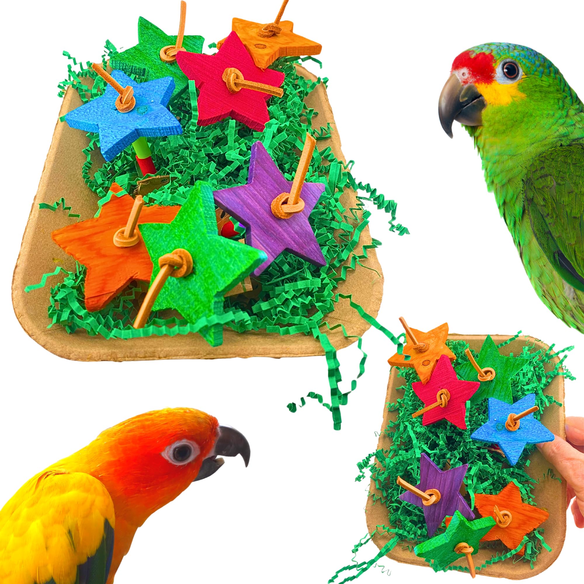 Bonka Bird Toys 1430 Foraging Daisy Garden - Interactive Bird Enrichment Toy with Crinkle Paper, Wooden Stars, Leather Strands & Plastic Cylinders - 9
