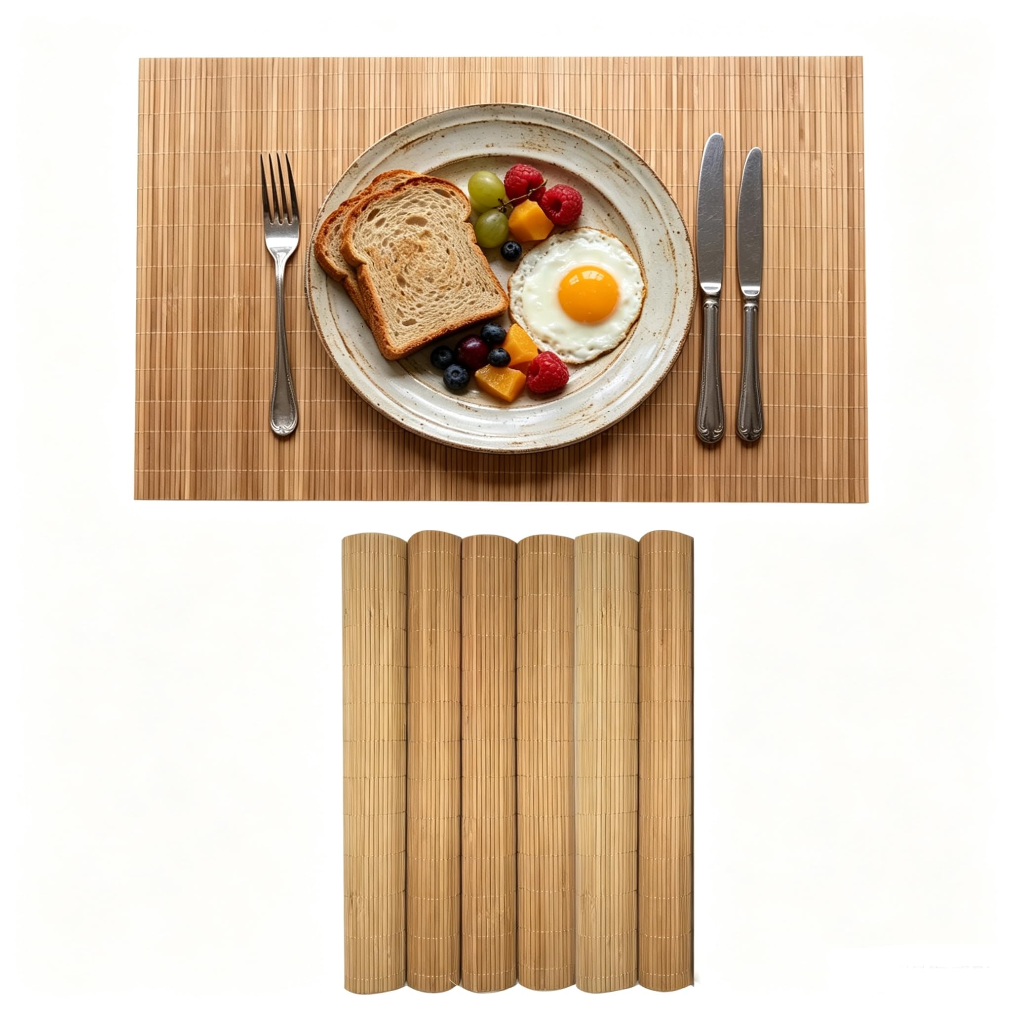 Paquete de 6 manteles individuales de bambú, manteles individuales rectangulares resistentes al calor, manteles individuales naturales para comedor, estilo rústico japonés, para comedor interior