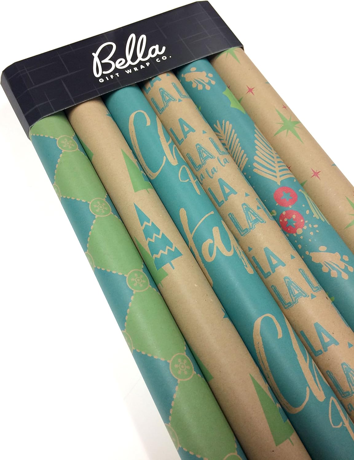 Note Card Cafe Bella Kraft Christmas Wrapping Paper | 6 Pack | 30 x 120 inch Rolls | Modern, Minimalist Designs | Holidays, Christmas, Gifts, Presents, Exchanges, Showers | Recyclable, Biodegradable