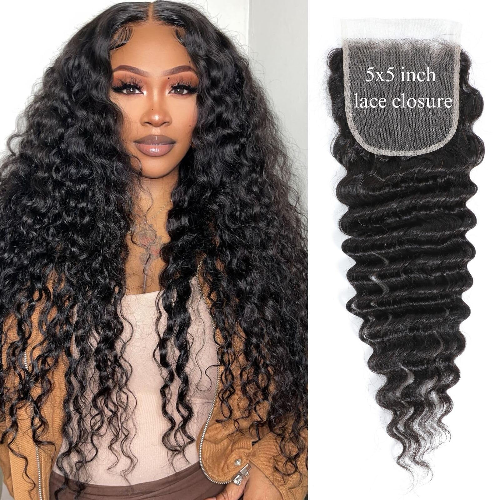 MOMOSHERO HD Transparent Lace Deep Wave Closure, 10" Natural Black, 5x5 Inch, Pre-Plucked, Unprocessed Brazilian Virgin Human Hair, 150% Density,