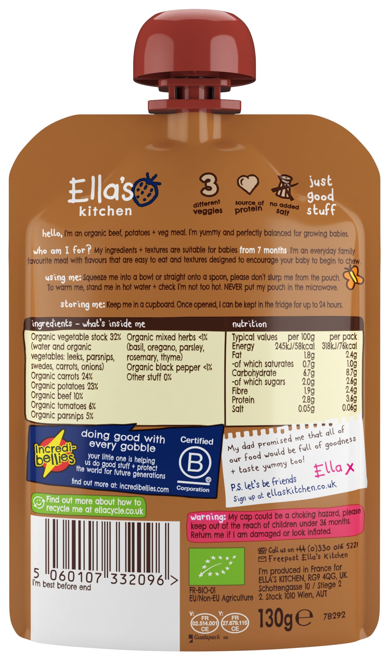 Ella's Kitchen Stage 2 from 7 Months Organic Wonderfully Warming Beef Stew with Spuds 130 g (Pack of 6) — view 2