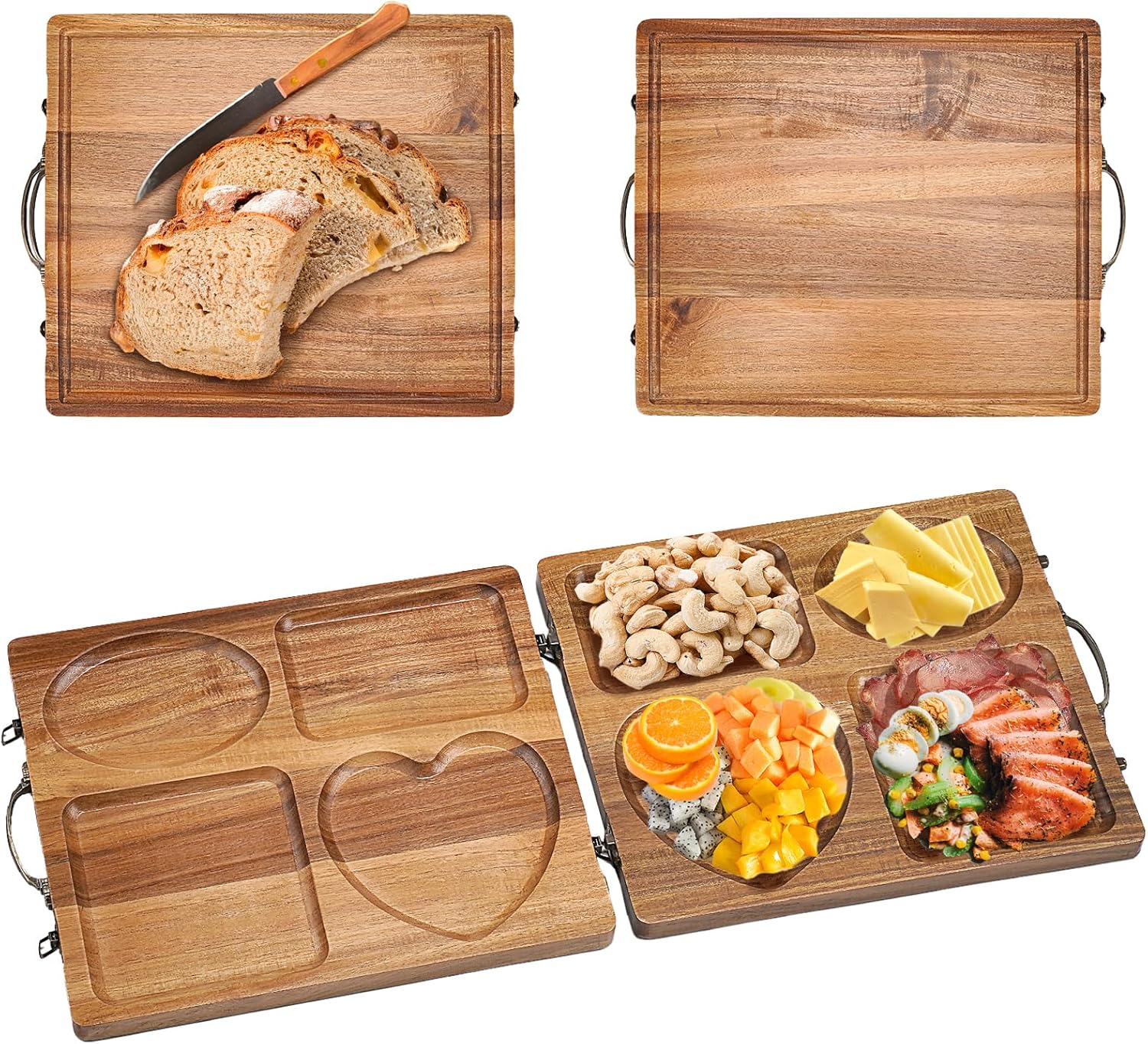 Double Side Acacia Wood Serving Tray, Serving Platters and Trays, Charcuterie Boards Wooden Tray with Vintage Metal Handles, Wooden Cutting Boards for Kitchen, Trays for Serving Food Serving Platter - Image 9