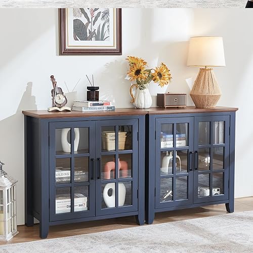 Miniatura 7 de Aparador grande con almacenamiento, 32 pulgadas, color azul marino, para cocina, cafetería, bar y vino, con 2 puertas de cristal, mesa auxiliar de