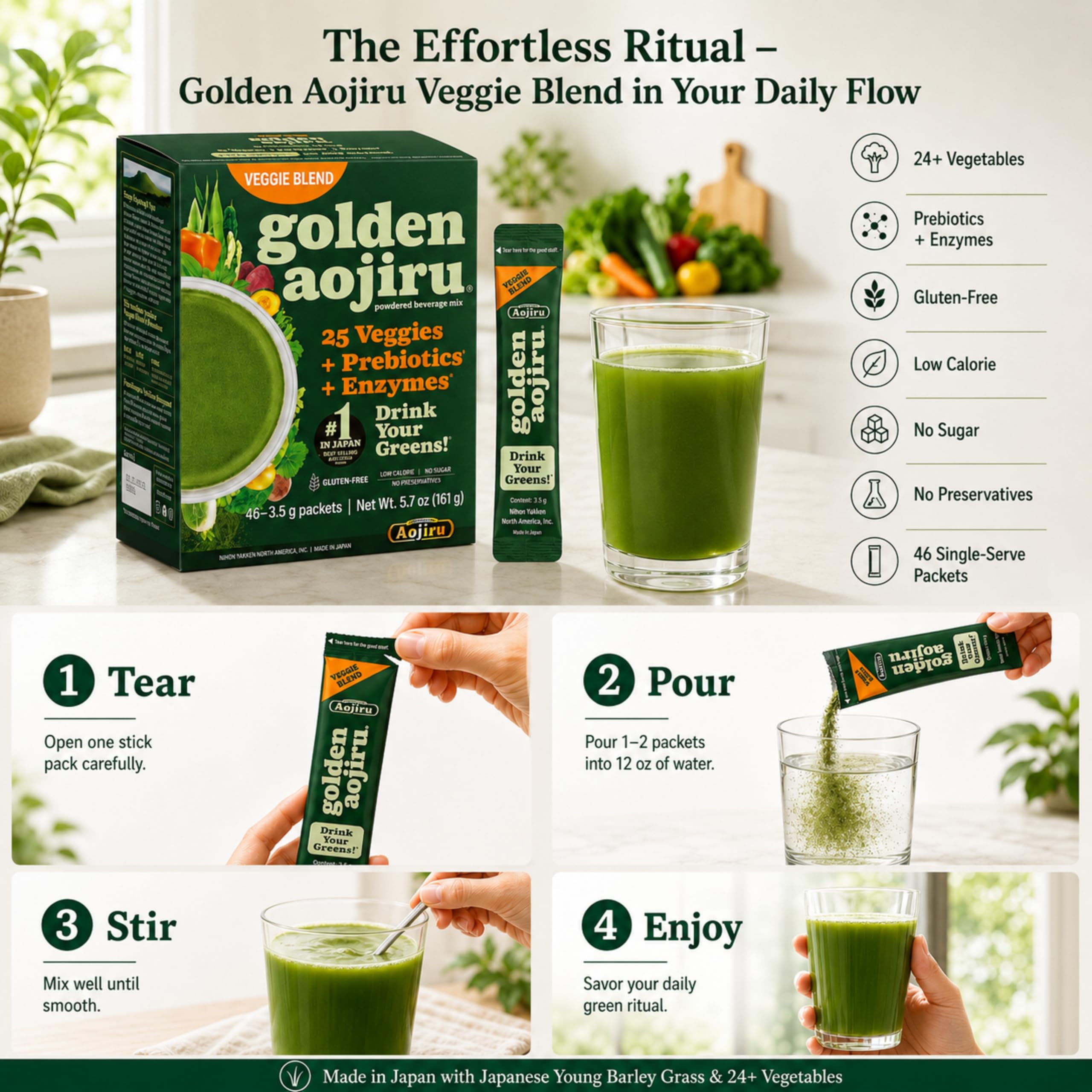 Golden Aojiru Veggie Blend - Greens Powder with 25 Superfood Vegetables, Gluten-Free, Low Calorie, No Sugar, 46 Packets - Made in Japan