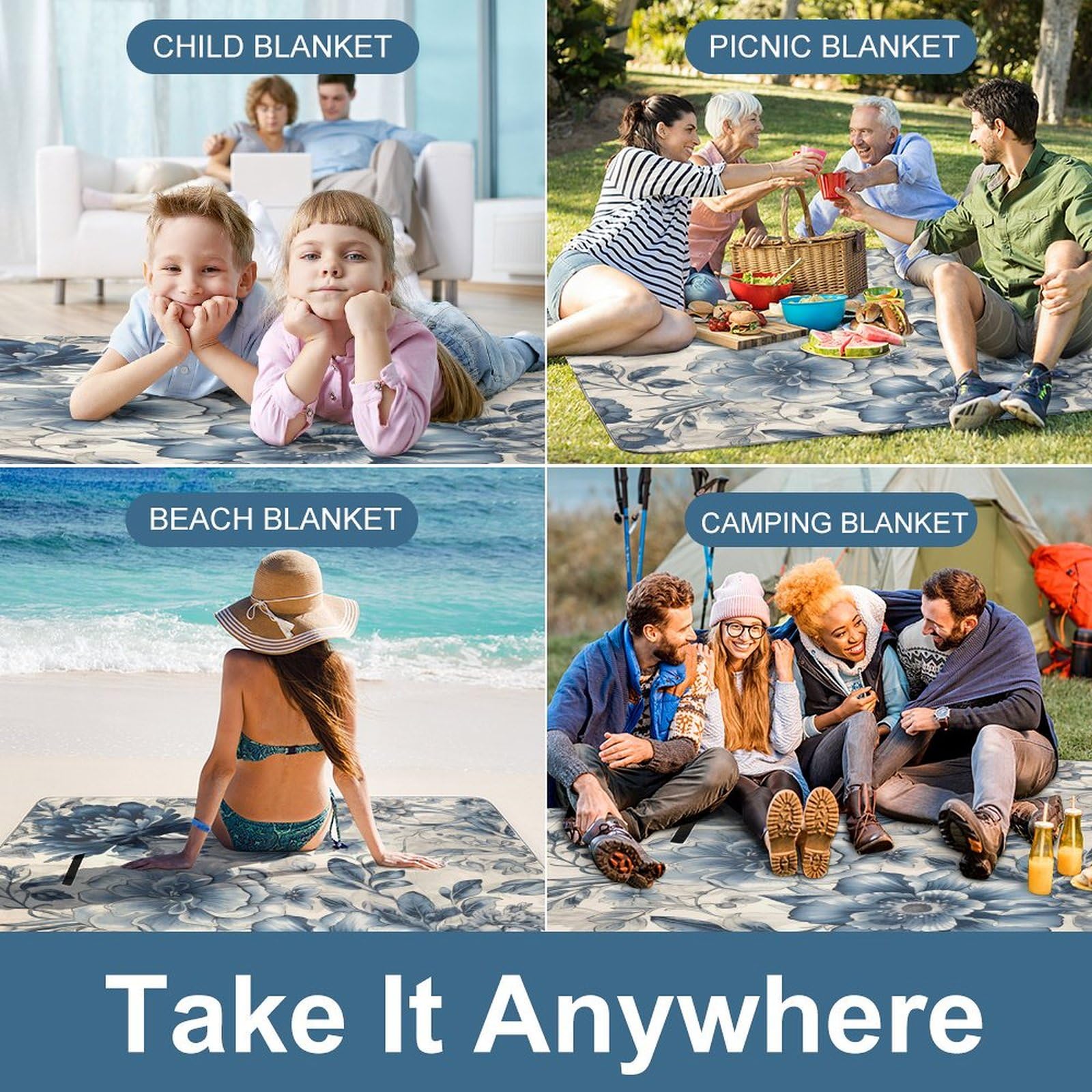 Coperta da picnic da spiaggia, motivo floreale blu, coperta da picnic impermeabile, pieghevole, extra large, tappetino quadrato da picnic, per escursioni, viaggi, campeggio all'aperto, parchi