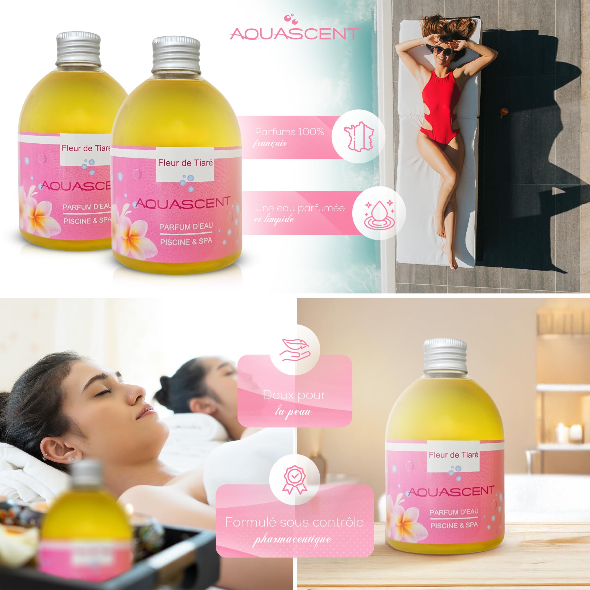 Parfum d'Eau Piscine et Spa FLEUR DE TIARE - Concentré 250ml : élimine les odeurs, préserve l'eau claire, sans alcool ni colorant. Fabriqué en France. Compatible Sel & Chlore