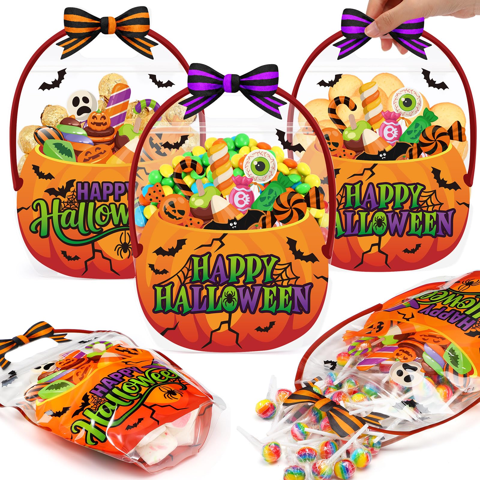 Fuutreo 50 Pcs Halloween Treat Bags with Handles, Horror Candy Plastic