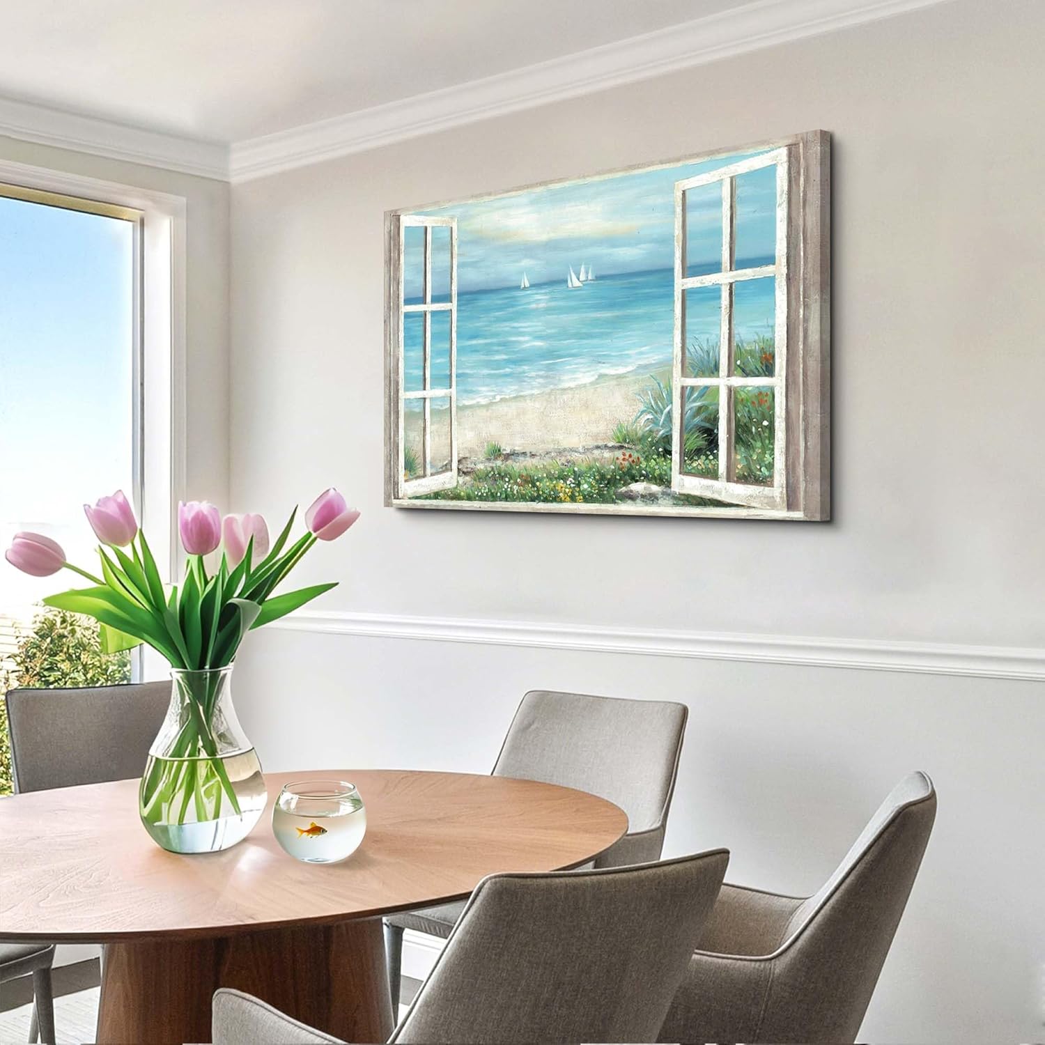summer melody Window Coastal Canvas Wall Art - Beach Seascape Painting Serene Ocean View Artwork Sailboats & Wildflowers Picture for Living Room Bedroom Decor
