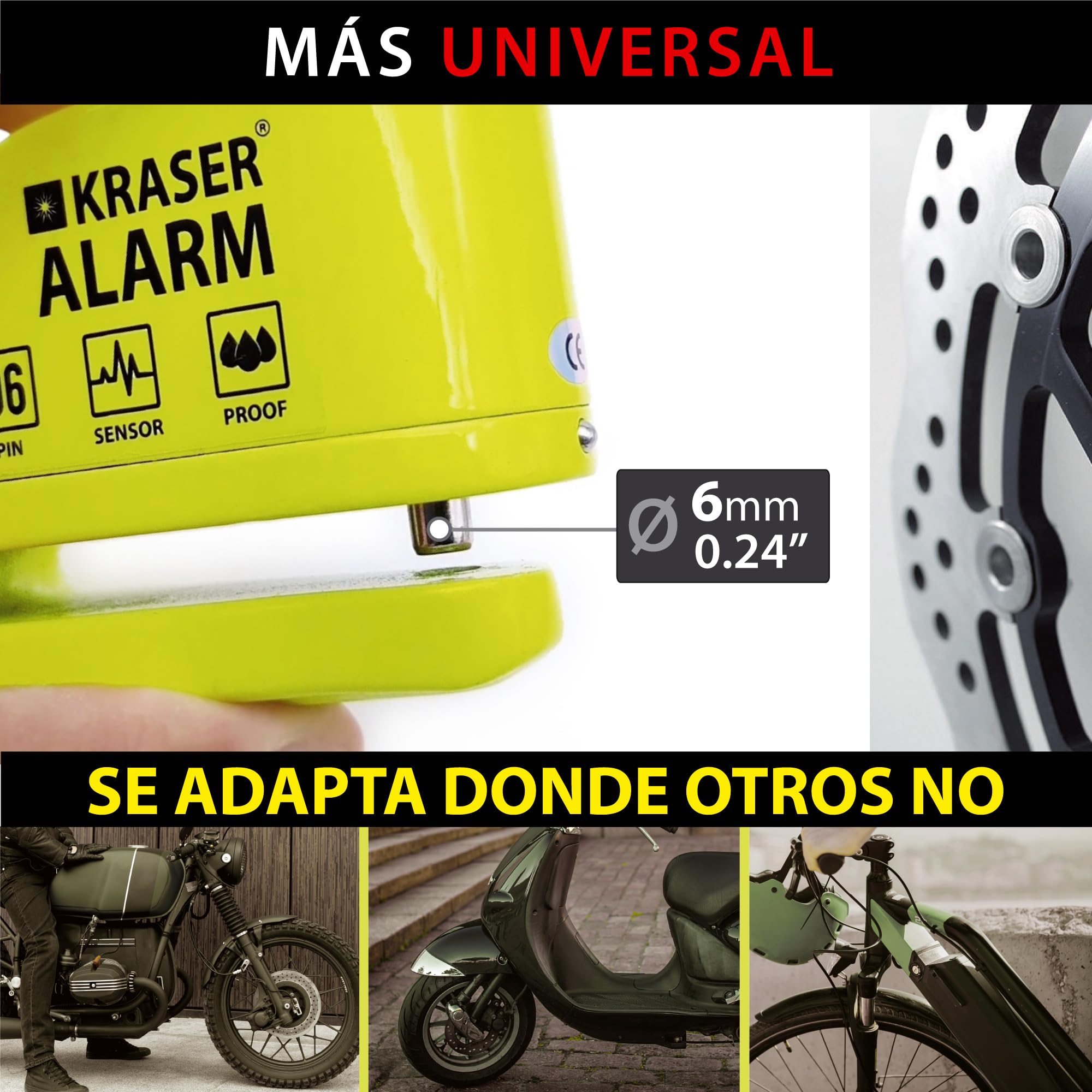 KRASER KR6Y Candado Moto con Alarma 110dB Antirrobo Disco Reforzado 3 Llaves Alta Seguridad Impermeable