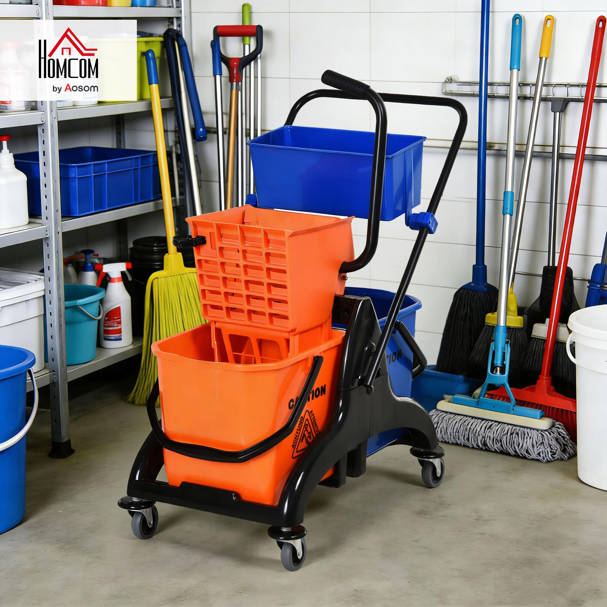 HOMCOM Putzwagen Reinigungswagen 26 Liter Wischwagen mit Wischmopp-Presse, Haushaltswagen auf Rollen Orange